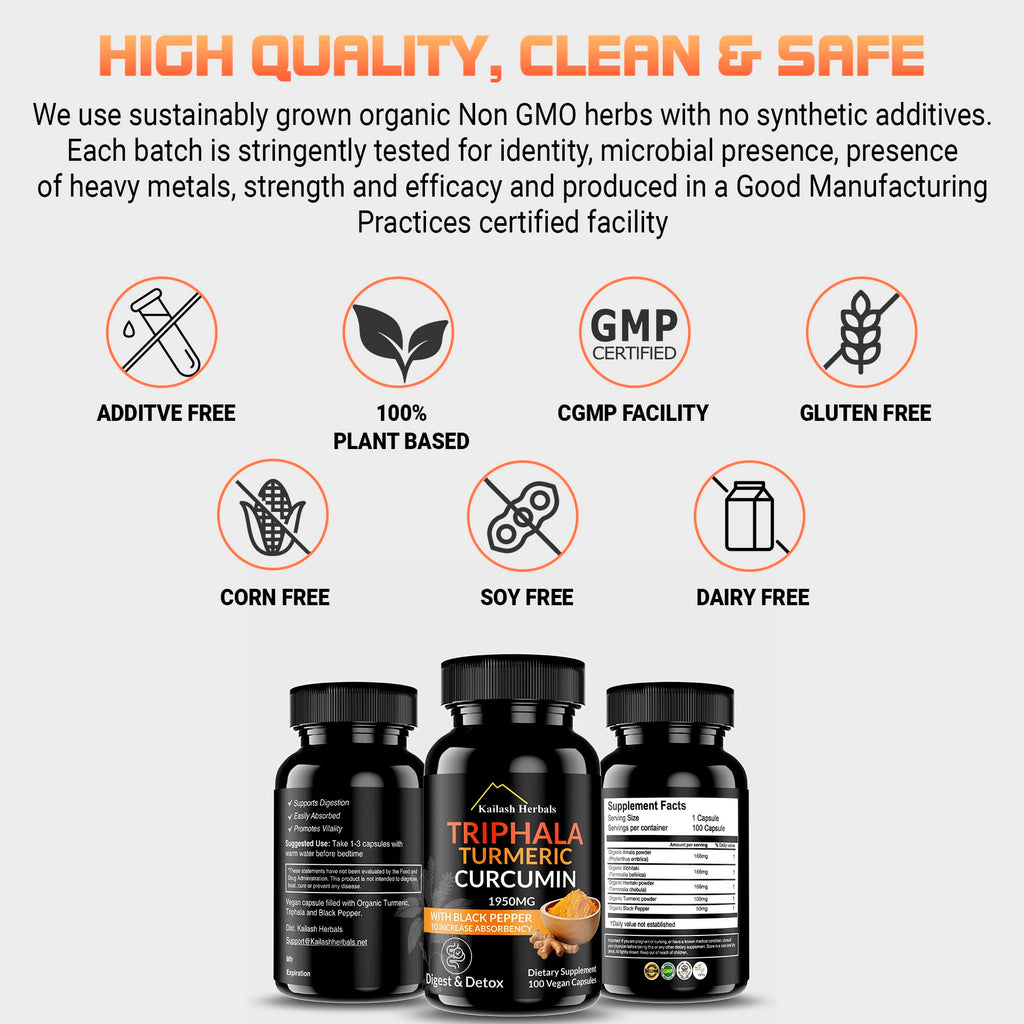 Kailash Herbals Triphala Turmeric Curcumin 1950mg – 100 Vegan Capsules | Digestive Health
