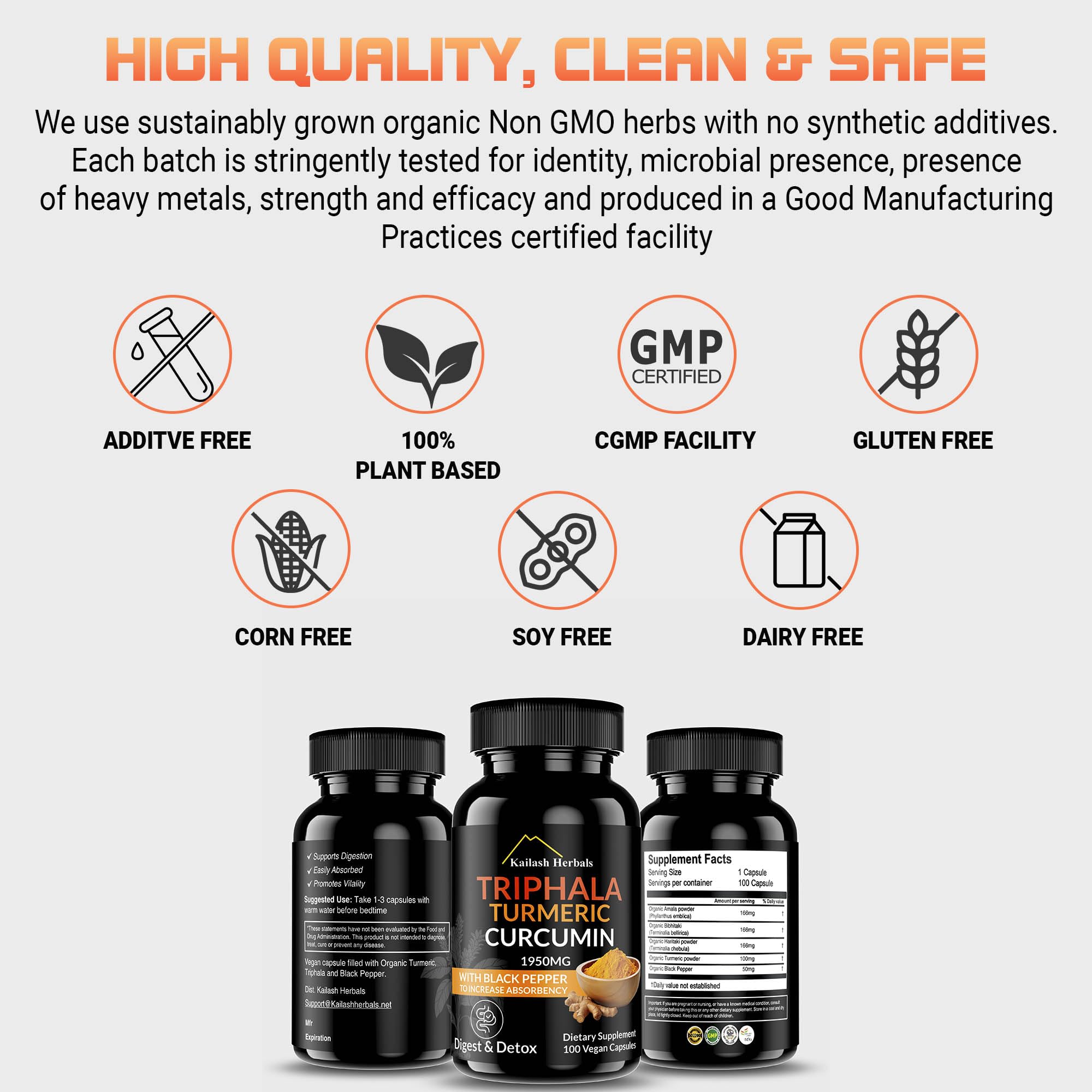 Kailash Herbals Triphala Turmeric Curcumin 1950mg – 100 Vegan Capsules | Digestive Health