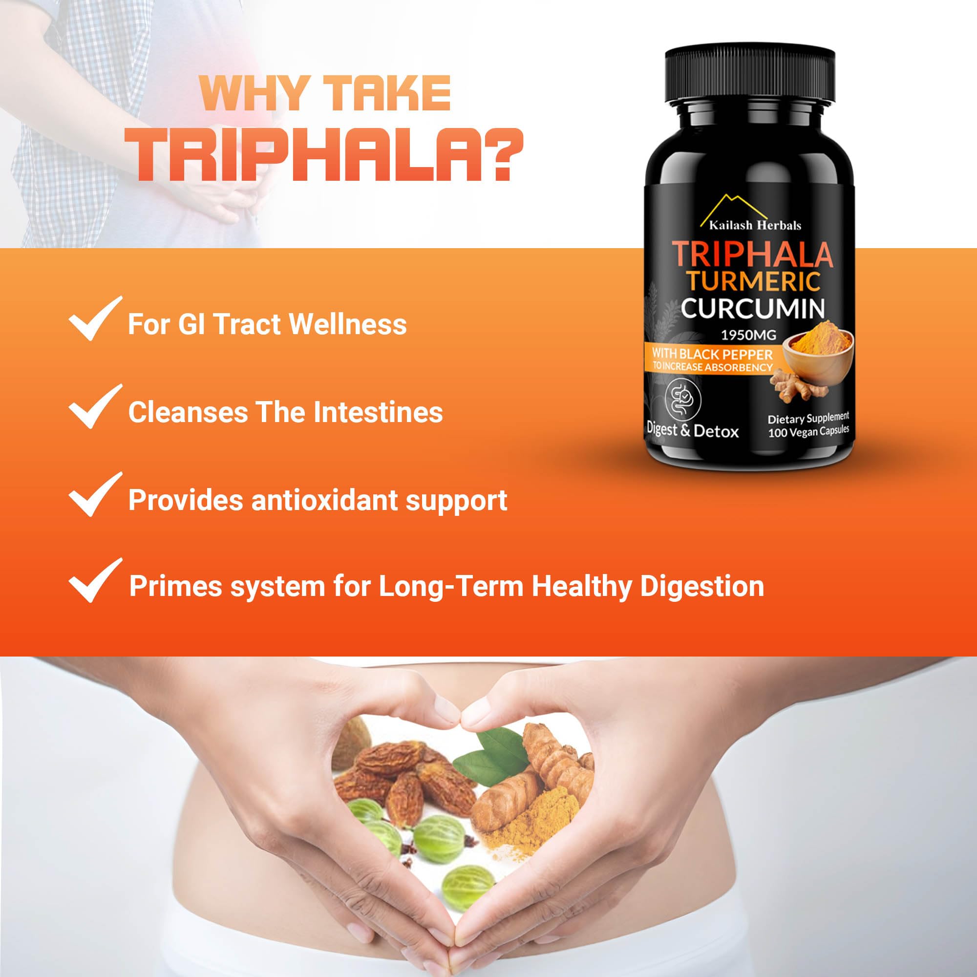 Kailash Herbals Triphala Turmeric Curcumin 1950mg – 100 Vegan Capsules | Digestive Health