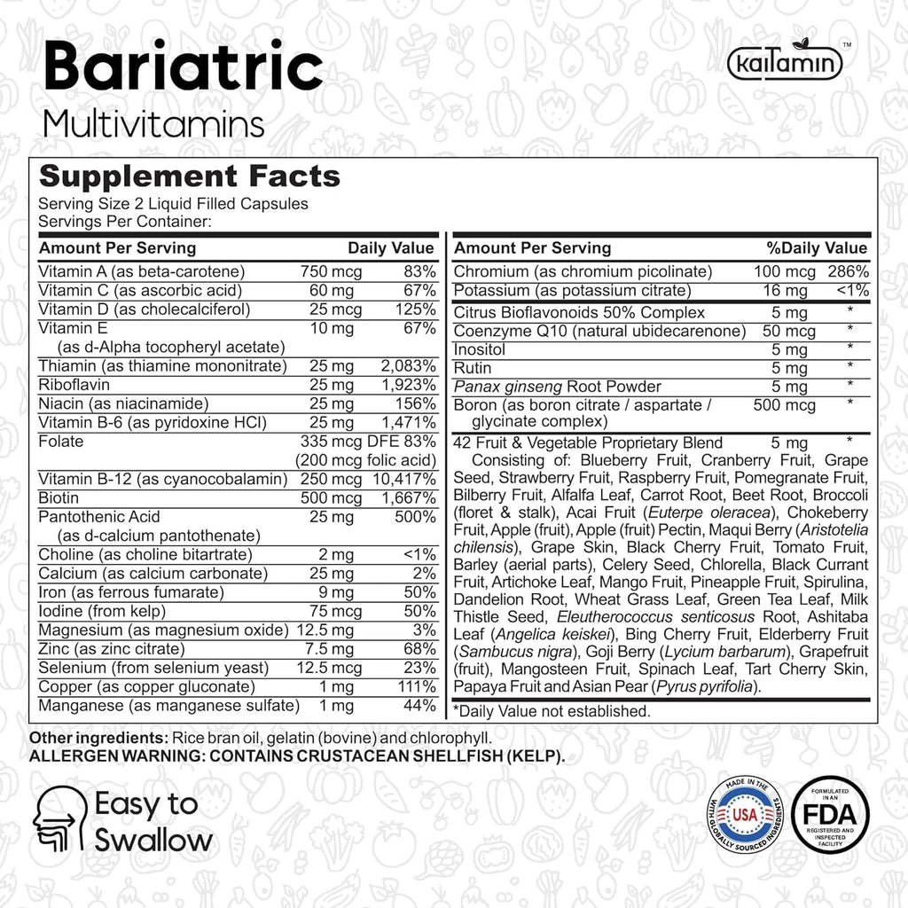 Kaitamin Bariatric Multivitamin with Iron – Post-Surgery Recovery, 60 Liquid Capsules