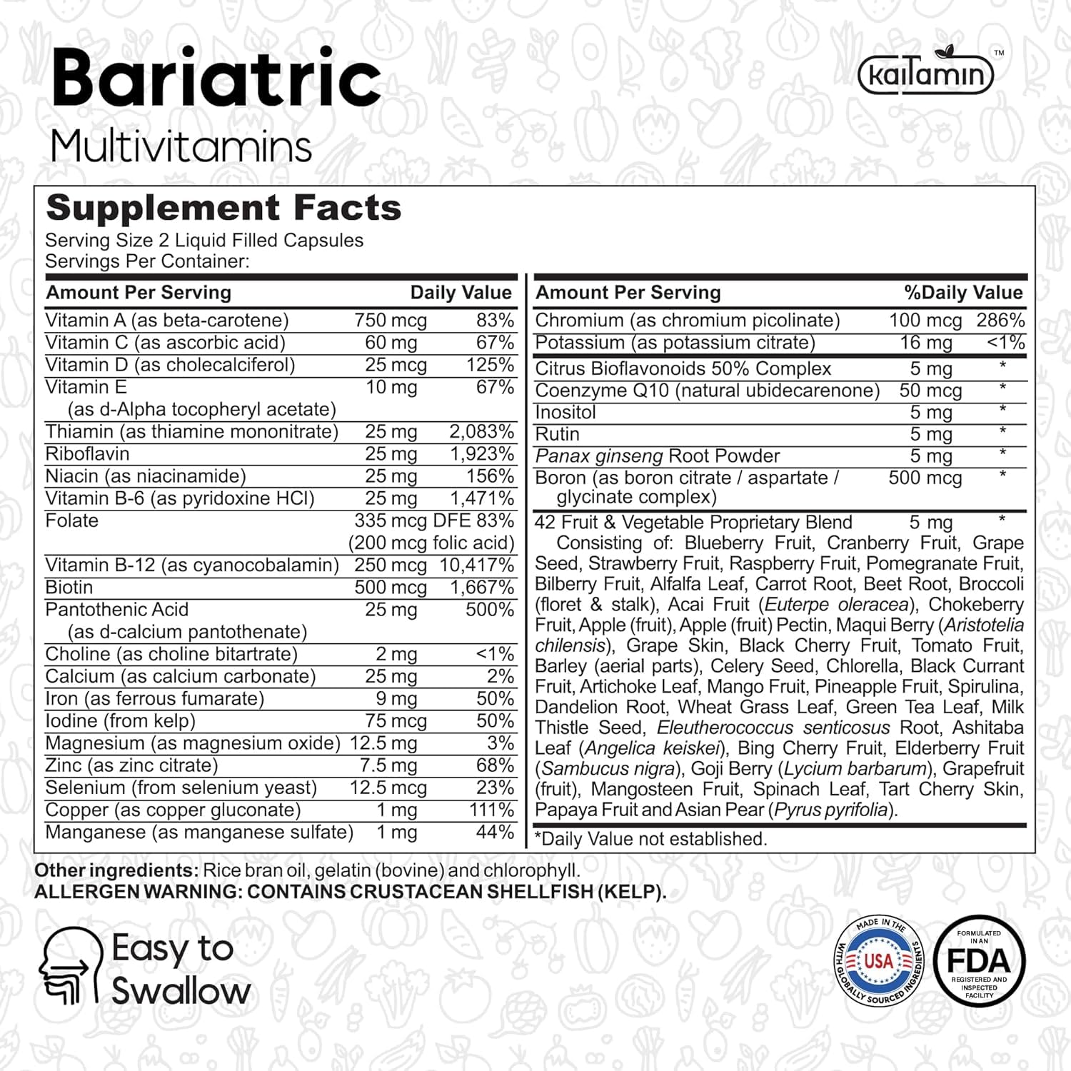 Kaitamin Bariatric Multivitamin with Iron – Post-Surgery Recovery, 60 Liquid Capsules