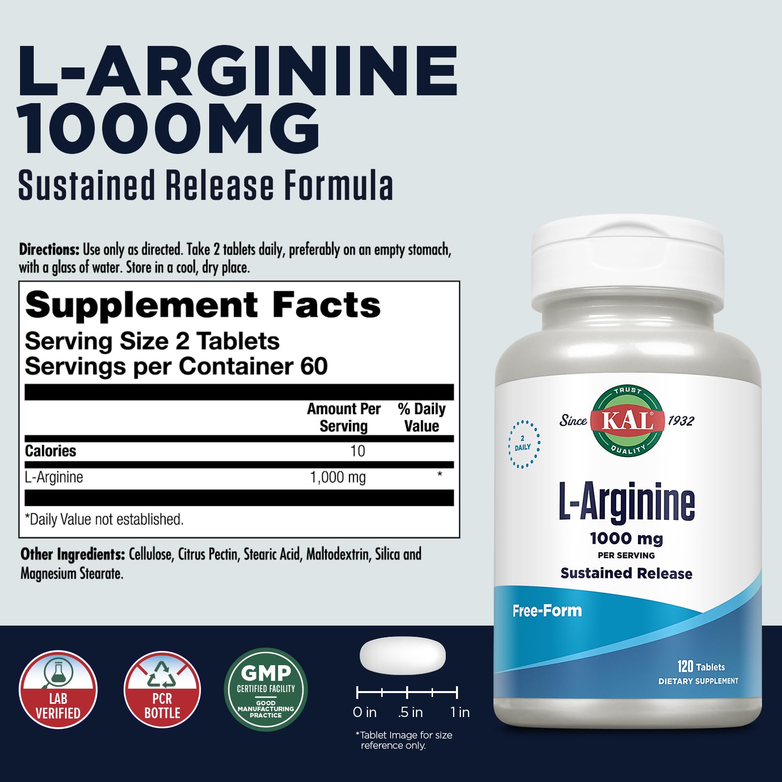 KAL 1000 Mg L-Arginine Tablets, 120 Count | Supports Circulation & Heart Health
