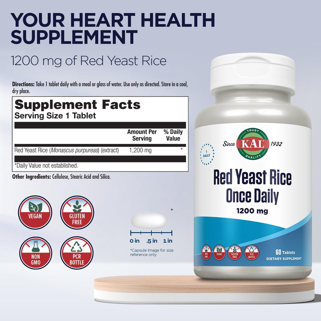KAL 1200 mg Red Yeast Rice, 60 Count | Heart Health Support
