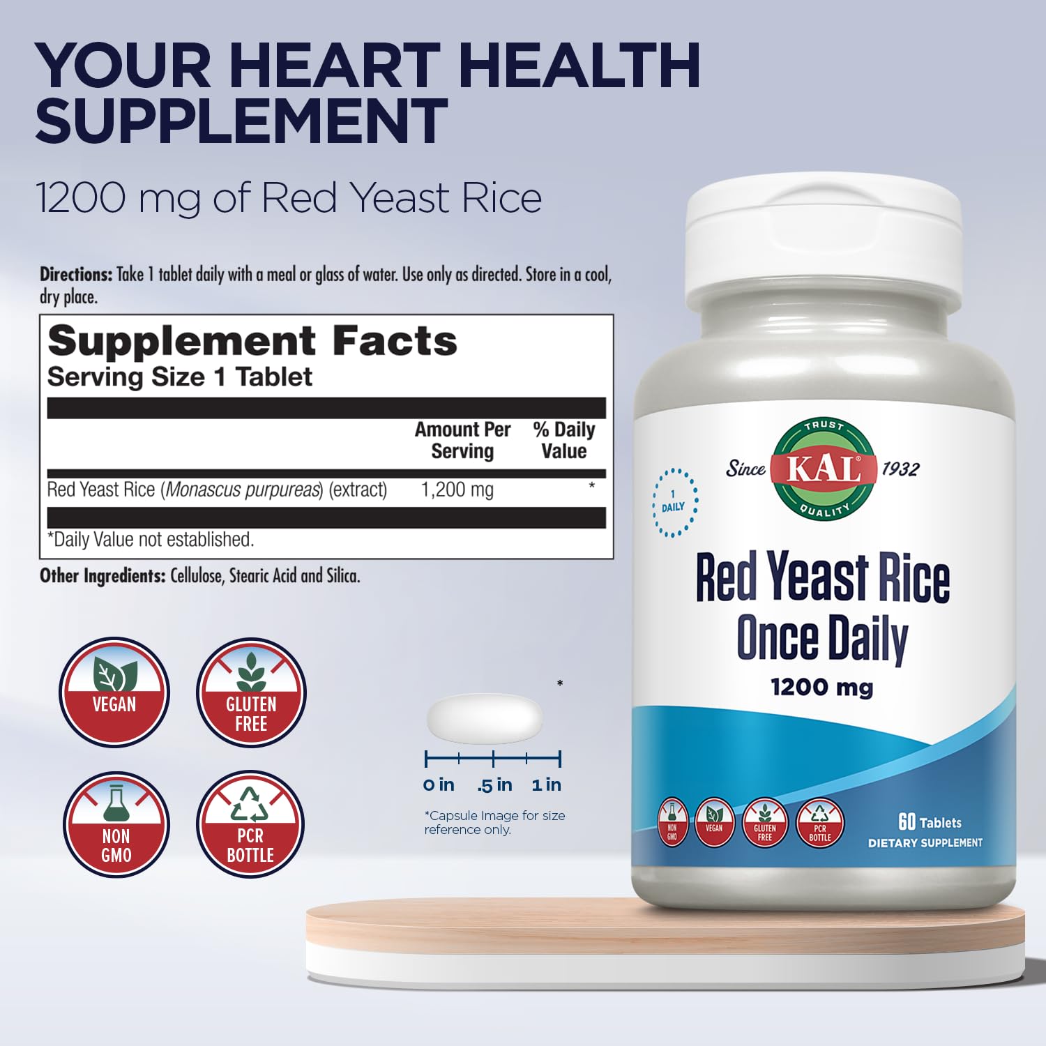 KAL 1200 mg Red Yeast Rice, 60 Count | Heart Health Support
