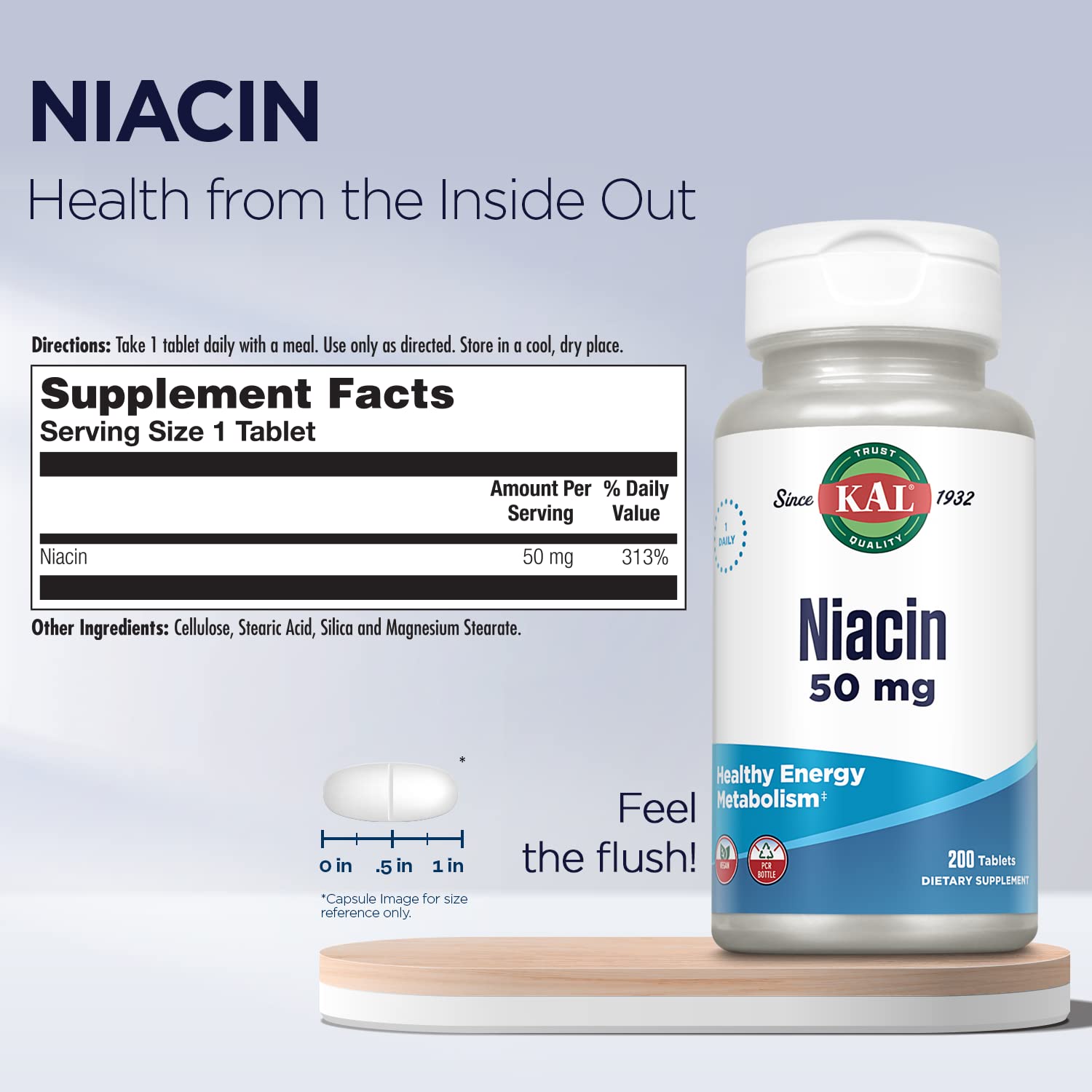 Kal 50 Mg Niacin Tablets, 200 Count | Vitamin B3 Supplement