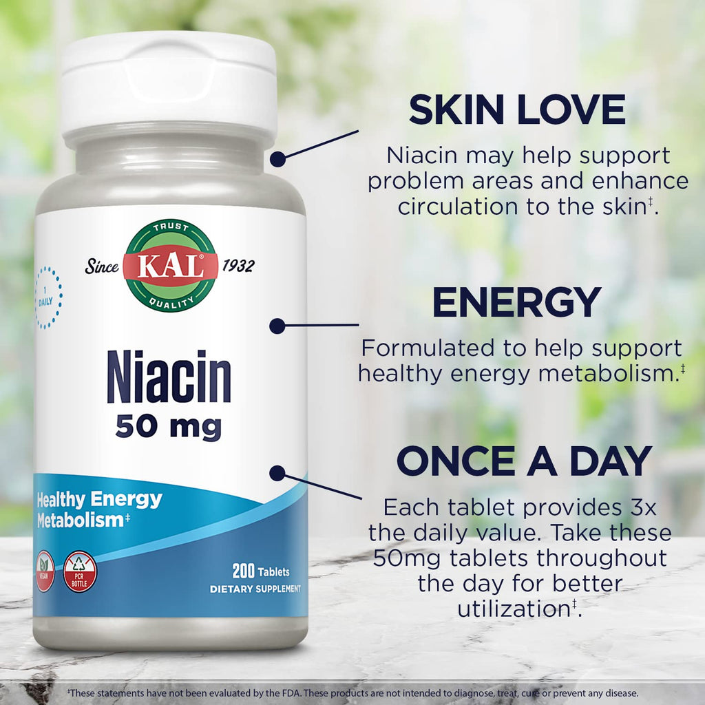 Kal 50 Mg Niacin Tablets, 200 Count | Vitamin B3 Supplement