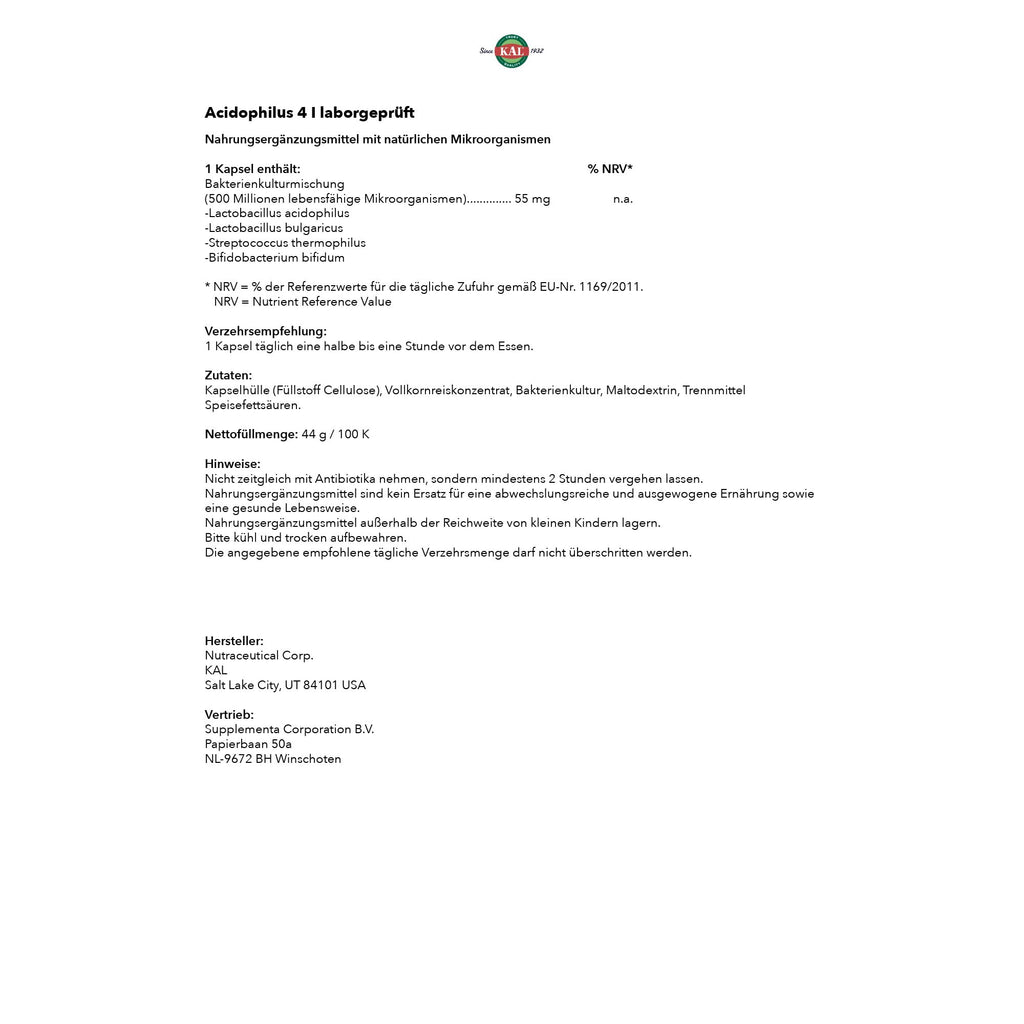 KAL Acidophilus ProBiotic-4 - 500M CFU, 4 Probiotic Strains | 100 Servings