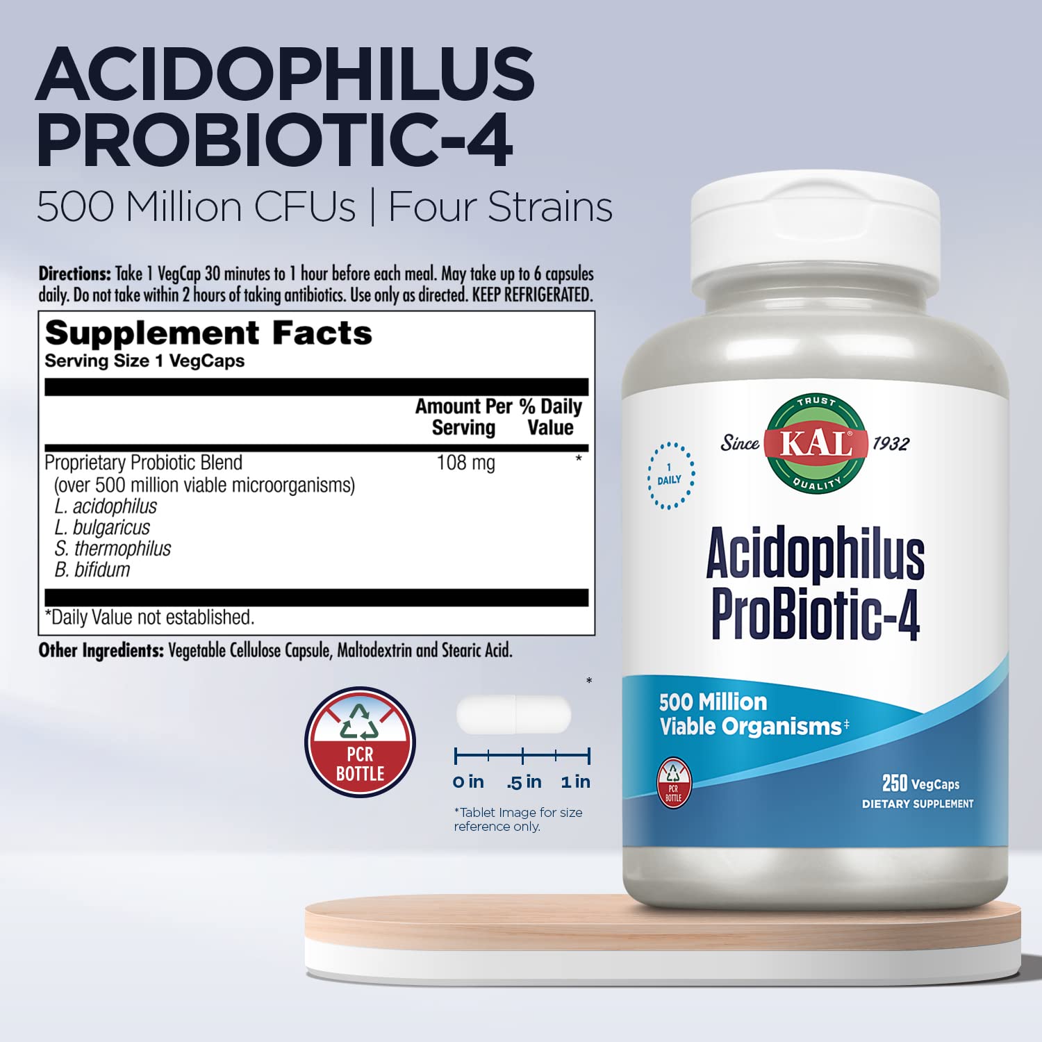 KAL Acidophilus ProBiotic-4 — 500 Million CFUs, Four Strains, 250 VegCaps