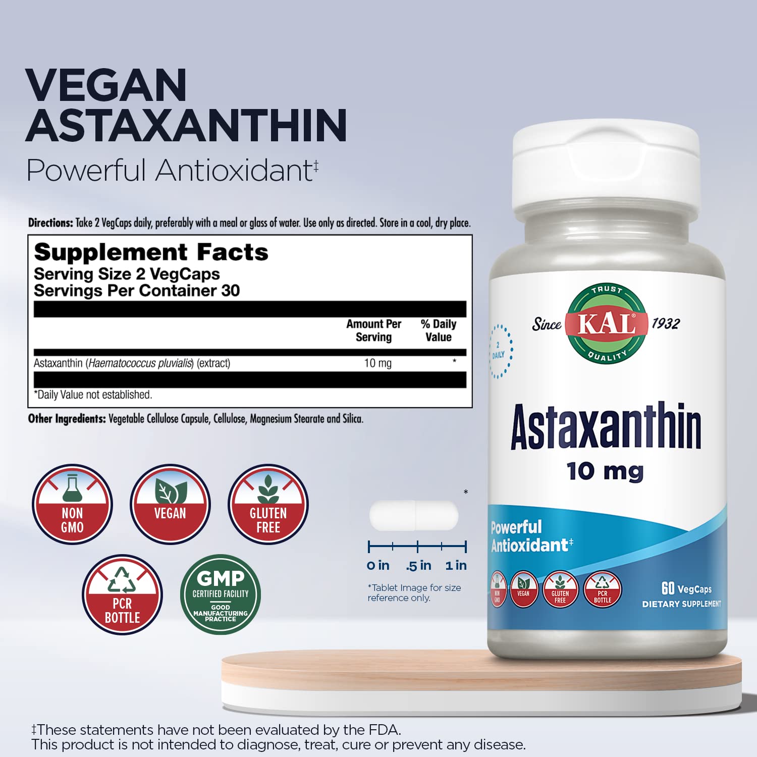 KAL Astaxanthin 10mg – Eye & Brain Health, Vegan, Non-GMO, Gluten Free