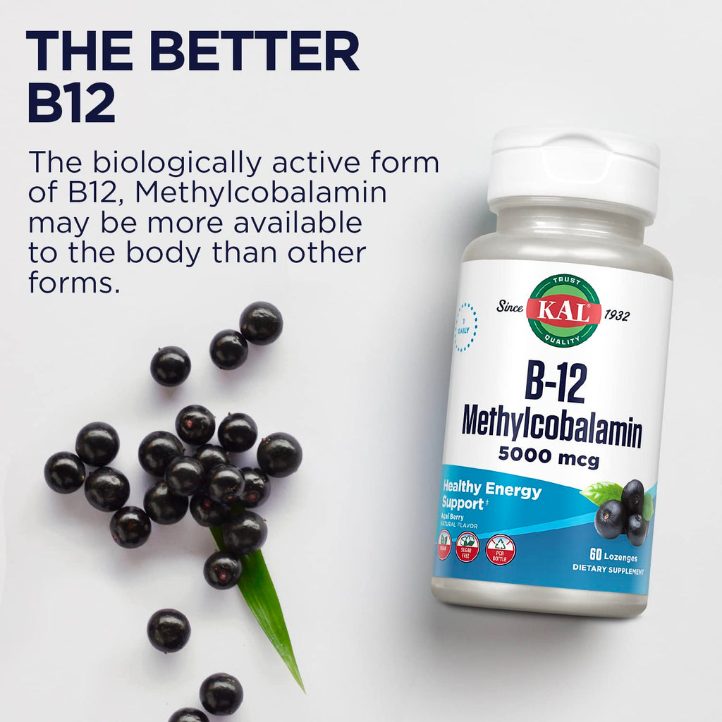 KAL B-12 Methylcobalamin Lozenges 5000mcg – Acai Flavor, Vegan, Sugar Free, 60 Servings