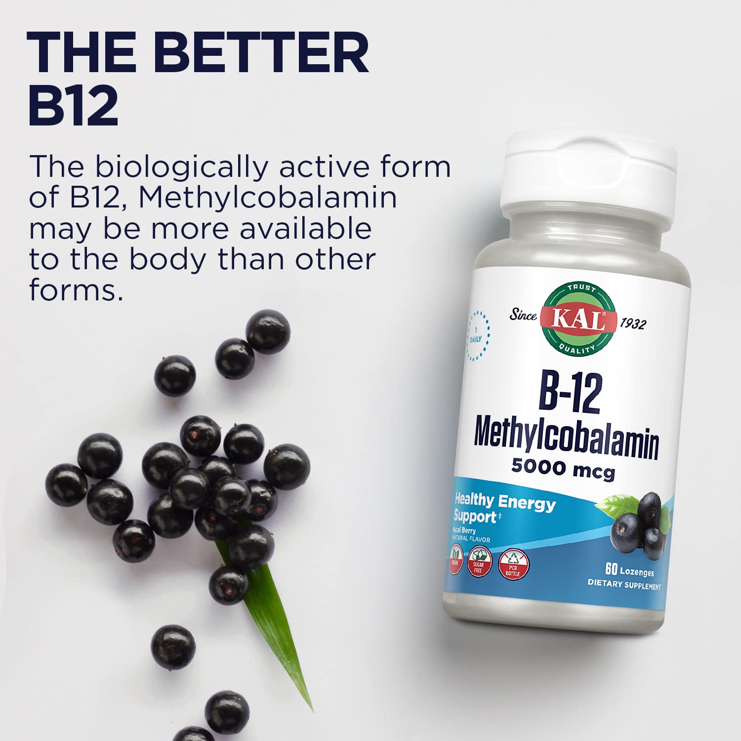 KAL B-12 Methylcobalamin Lozenges 5000mcg – Acai Flavor, Vegan, Sugar Free, 60 Servings