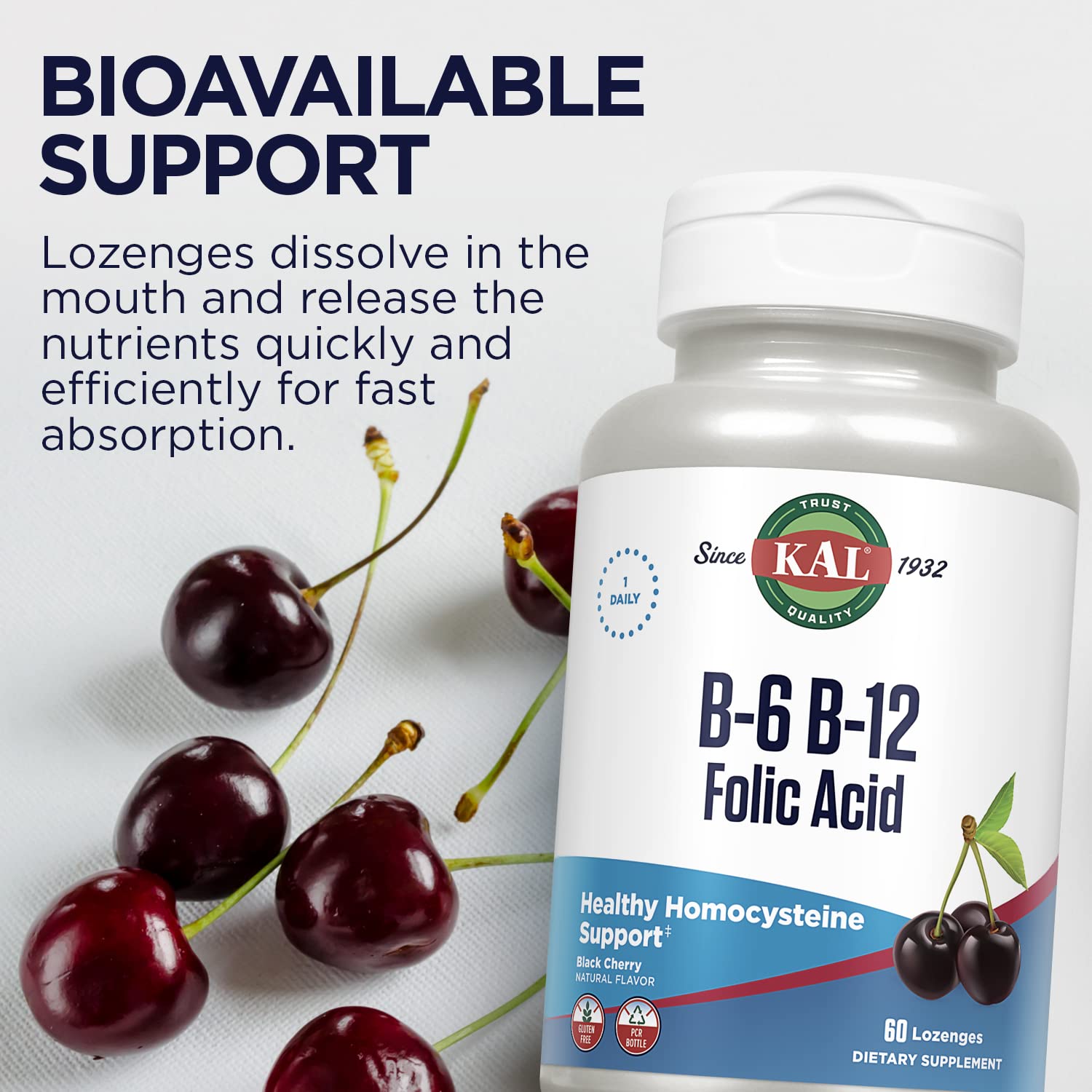 KAL Vitamin B-6 B-12 Folic Acid Supplement – Energy & Heart Support | Gluten Free, Cherry