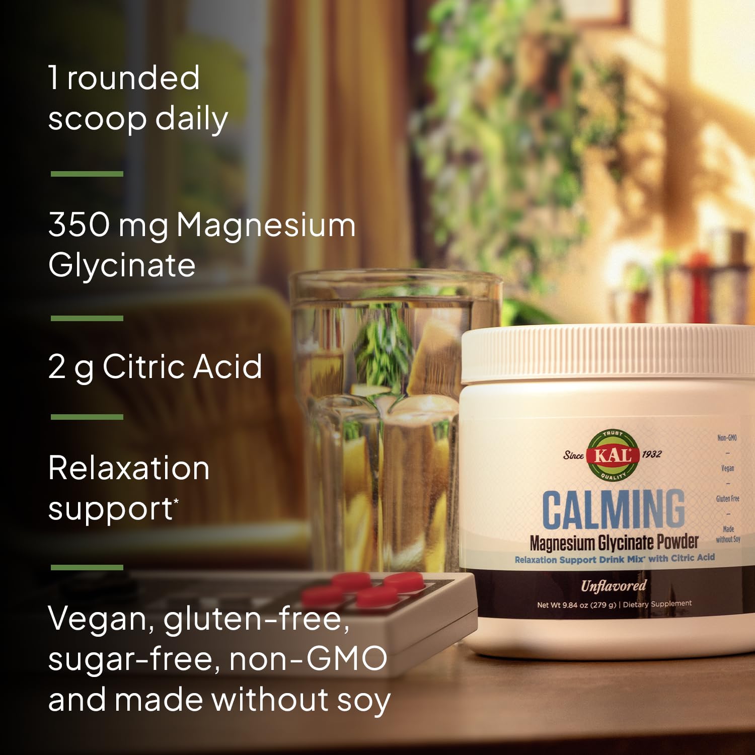 KAL Calming Magnesium Glycinate Powder – Citric Acid, Unflavored, 8.5 oz – Relaxation & Nerve Support