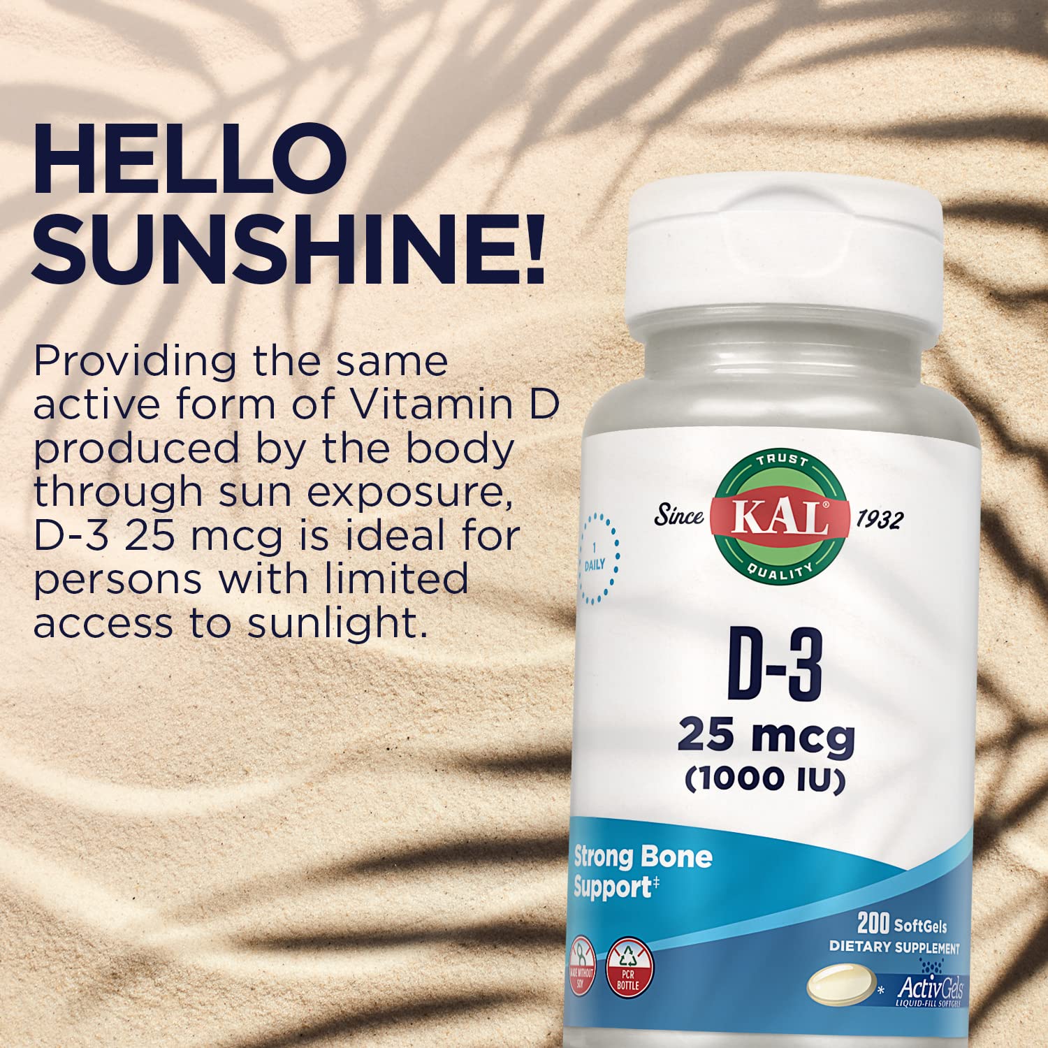 KAL Vitamin D3 1000 IU Softgels – ActivGel, Immune Support, Bone Health (200 Servings)