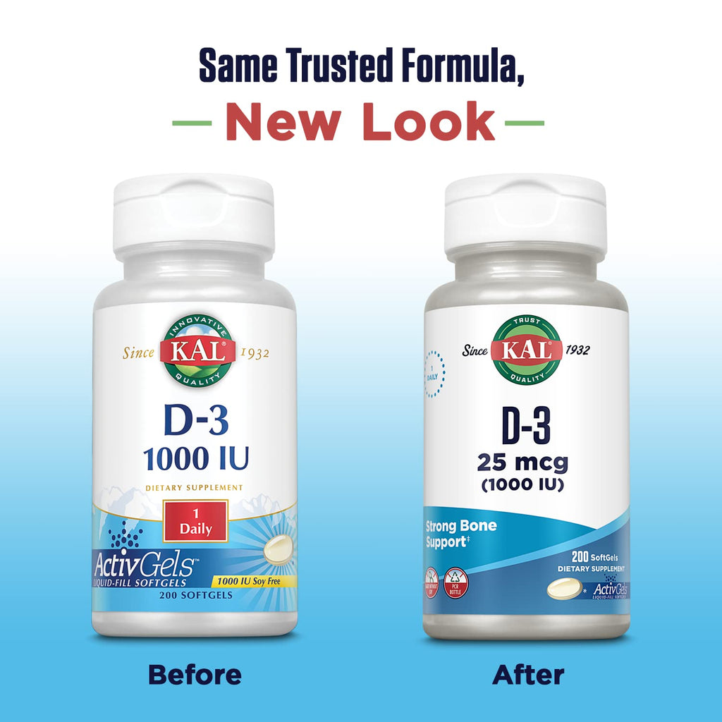 KAL Vitamin D3 1000 IU Softgels – ActivGel, Immune Support, Bone Health (200 Servings)