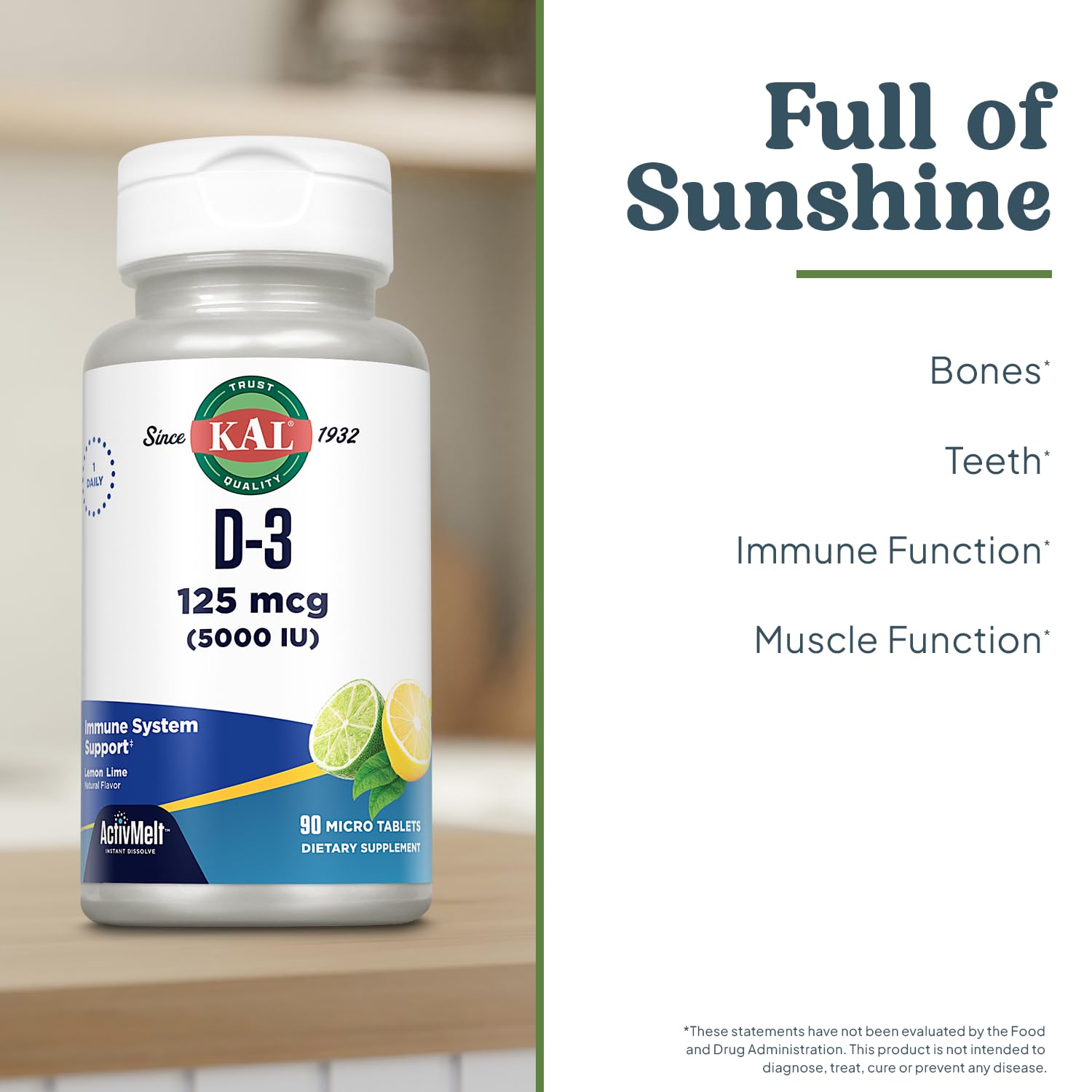 KAL Vitamin D-3 5000 IU ActivMelt - Instant Dissolve, Lemon Lime