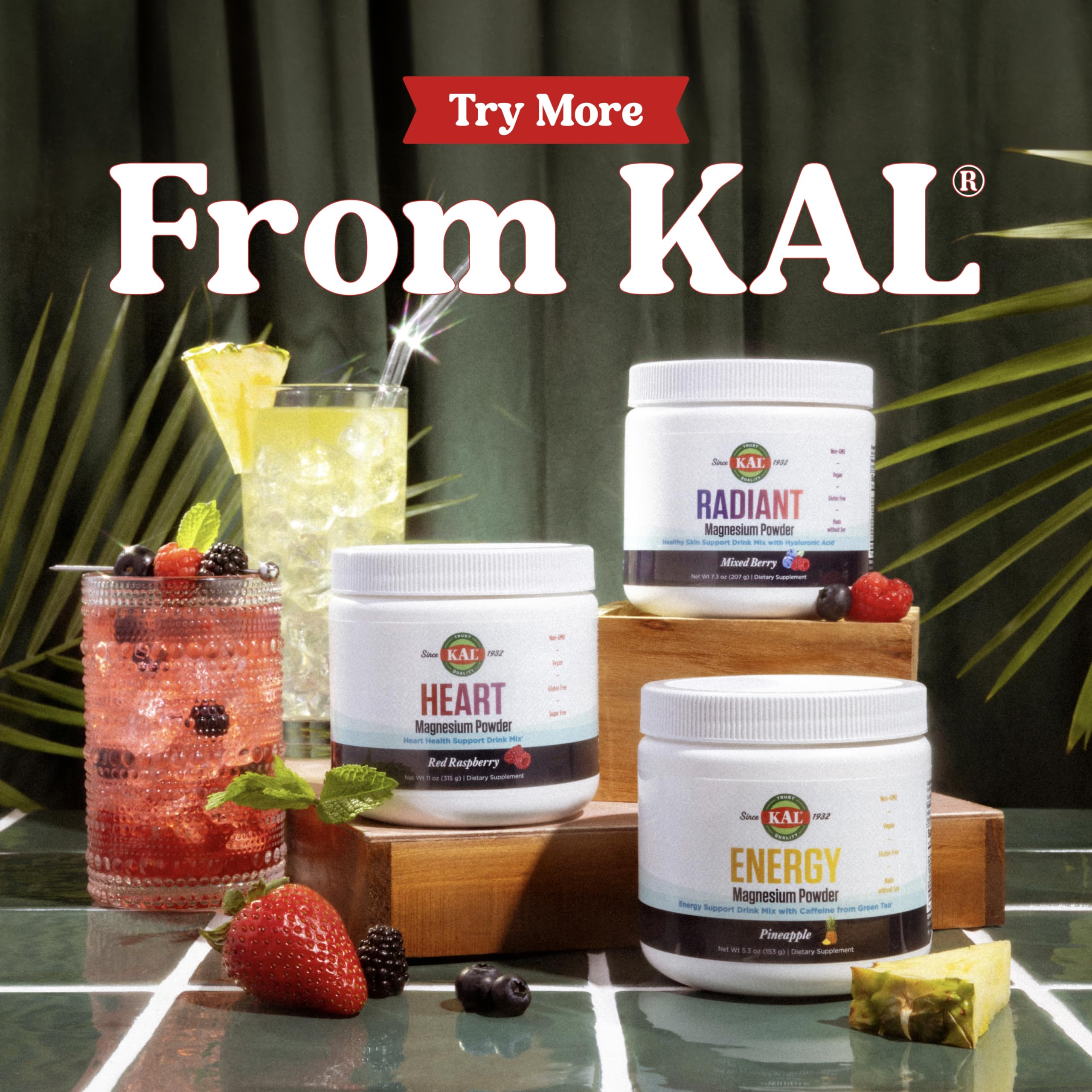 KAL Energy Magnesium Powder Drink – Pineapple Flavor, Sugar Free, 40 Servings | Magnesium Citrate with Green Tea Caffeine