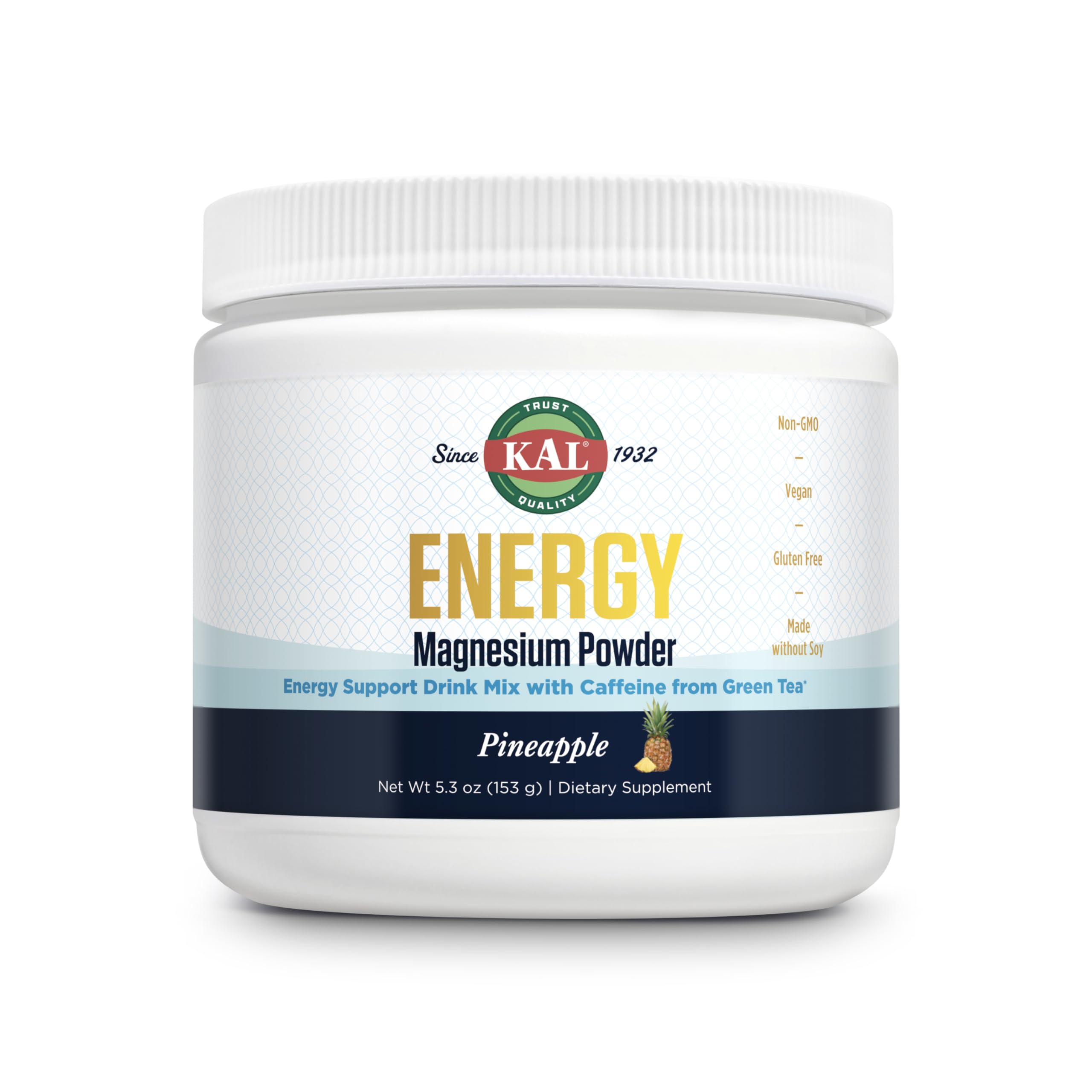 KAL Energy Magnesium Powder Drink – Pineapple Flavor, Sugar Free, 40 Servings | Magnesium Citrate with Green Tea Caffeine
