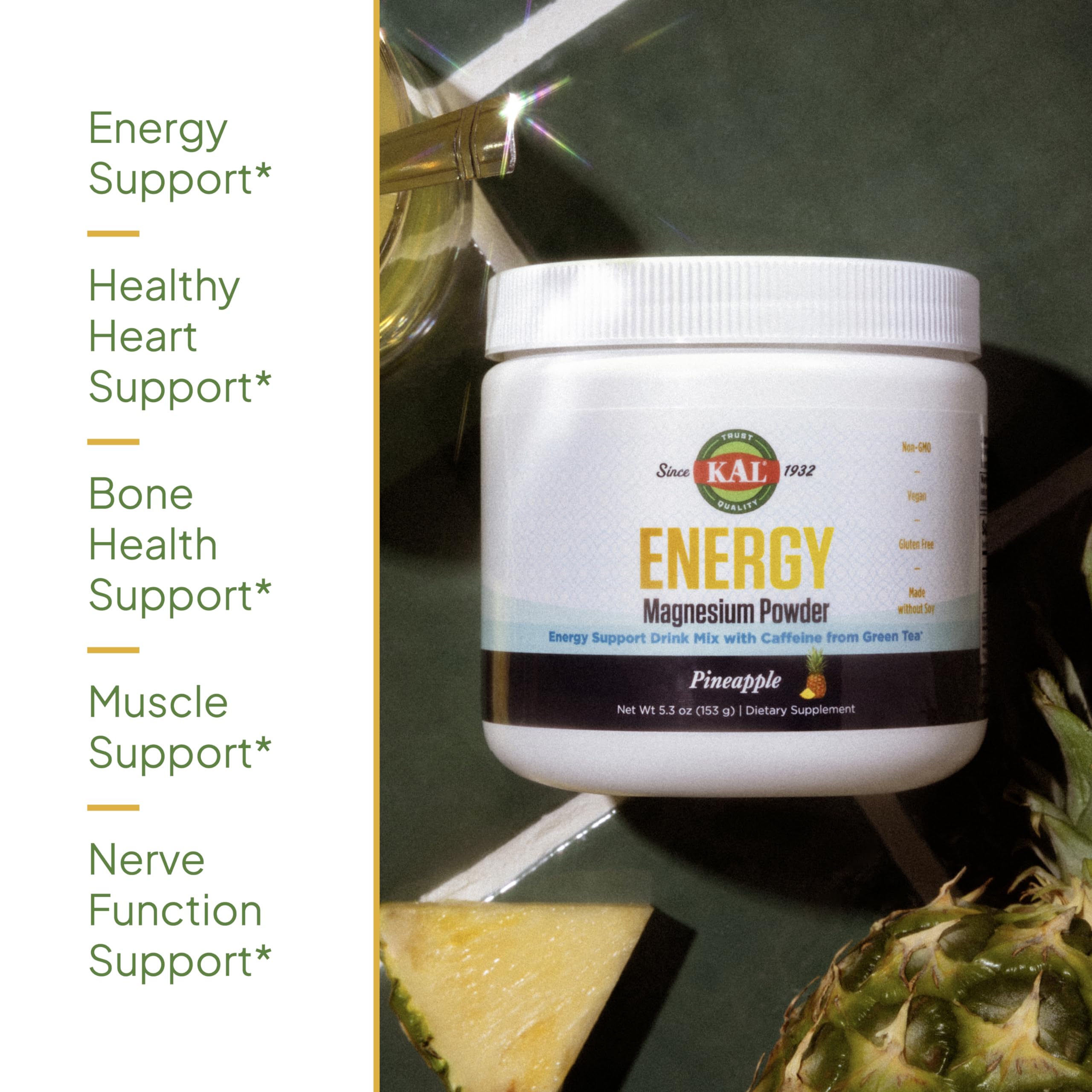 KAL Energy Magnesium Powder Drink – Pineapple Flavor, Sugar Free, 40 Servings | Magnesium Citrate with Green Tea Caffeine