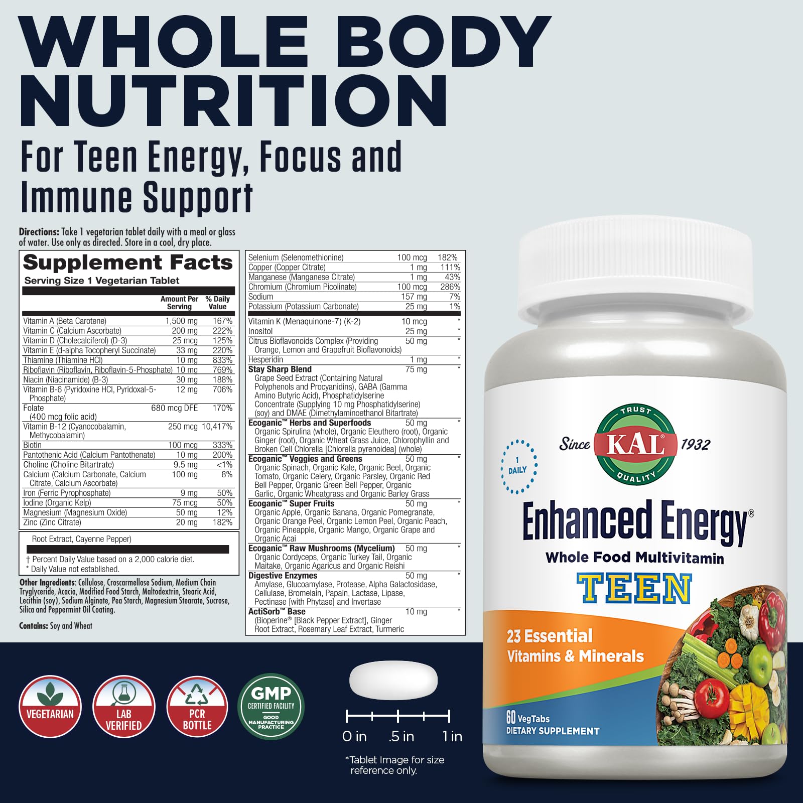 Kal Enhanced Energy for Teens Tablets, 60 Count - Daily Multivitamin