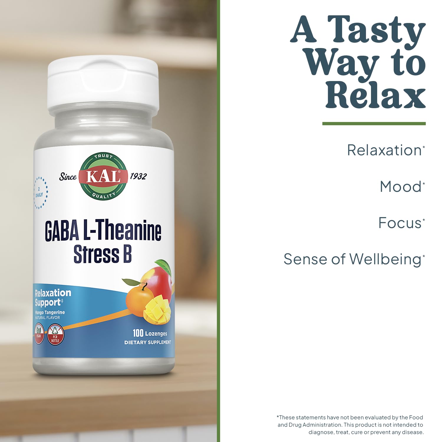 KAL GABA L-Theanine Stress Lozenges – Mango Tangerine, Vegan, 50 Servings