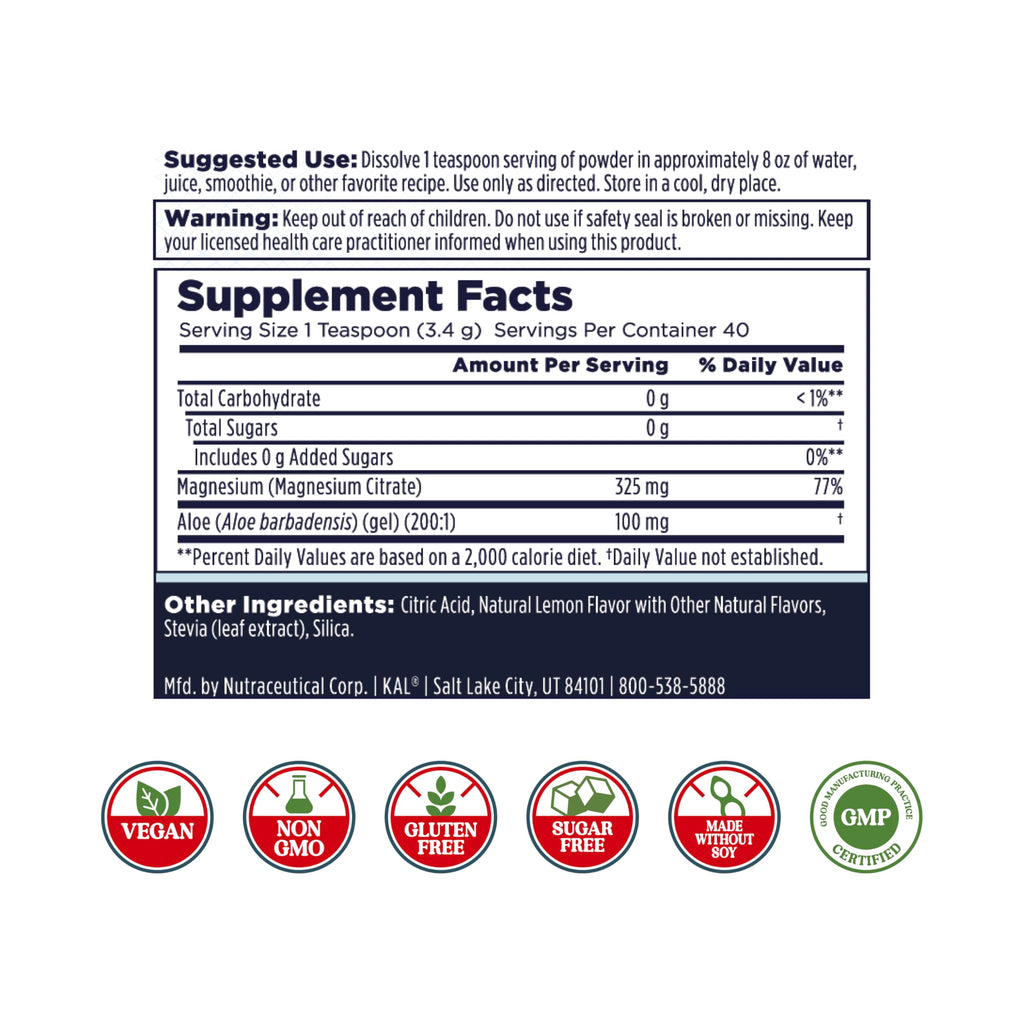 KAL Gut Magnesium Plus Aloe Vera Powder – Lemon Drink Mix | No Sugar | 60-Day Guarantee | 40 Servings