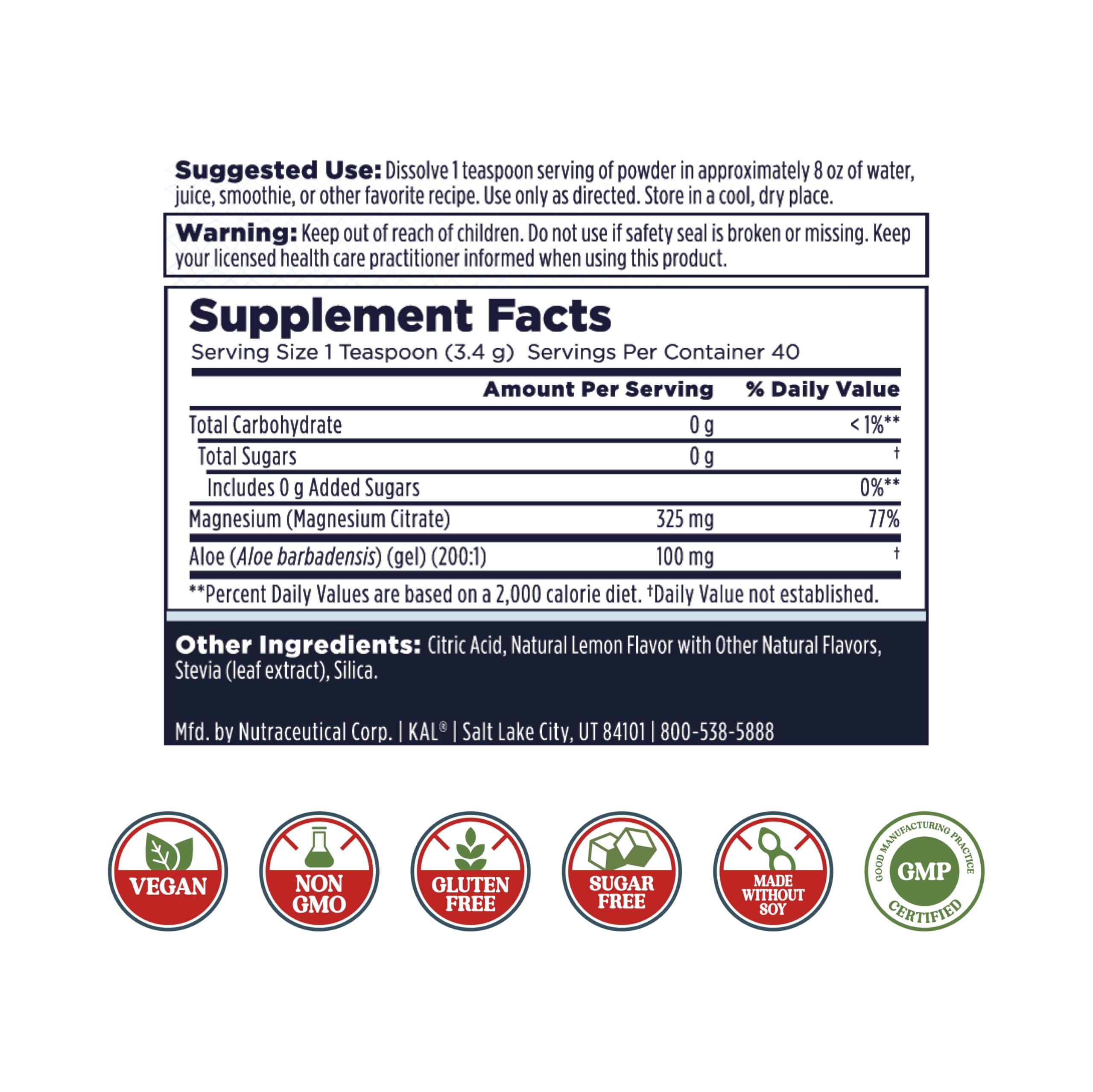 KAL Gut Magnesium Plus Aloe Vera Powder – Lemon Drink Mix | No Sugar | 60-Day Guarantee | 40 Servings