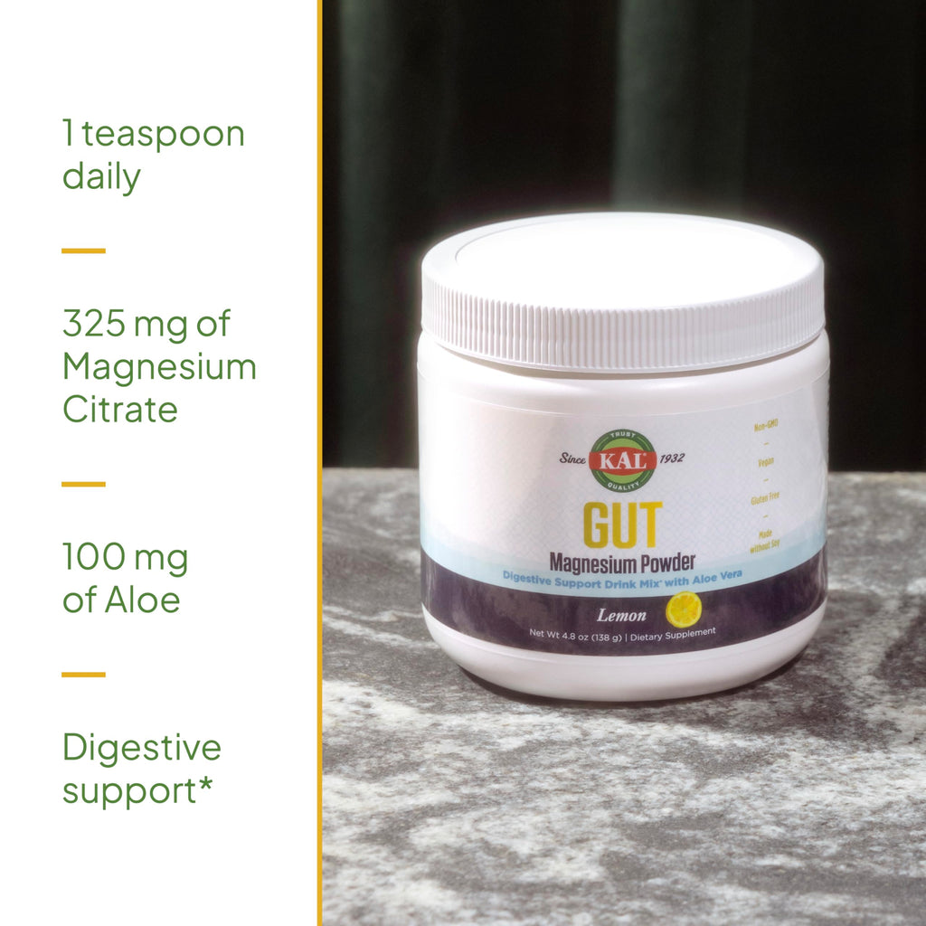 KAL Gut Magnesium Plus Aloe Vera Powder – Lemon Drink Mix | No Sugar | 60-Day Guarantee | 40 Servings