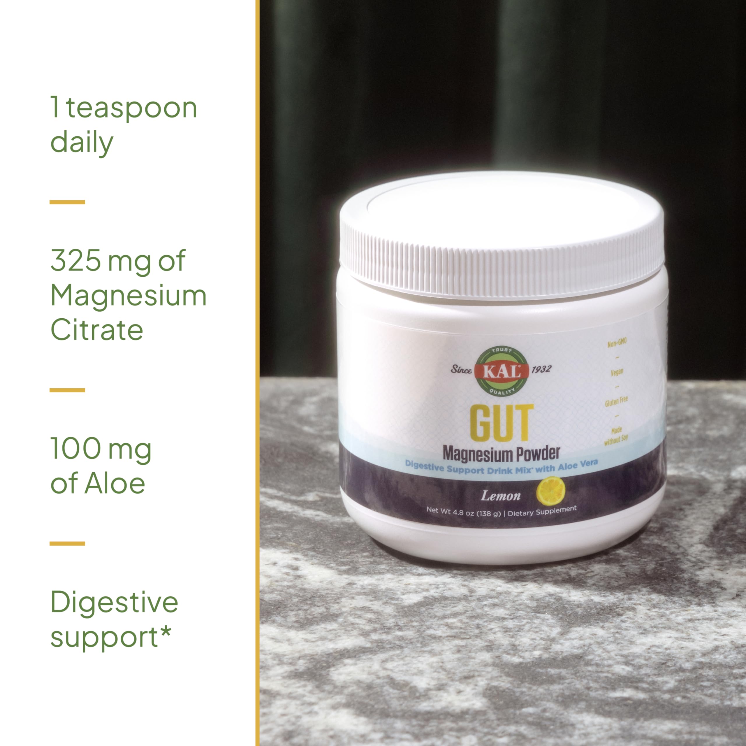 KAL Gut Magnesium Plus Aloe Vera Powder – Lemon Drink Mix | No Sugar | 60-Day Guarantee | 40 Servings