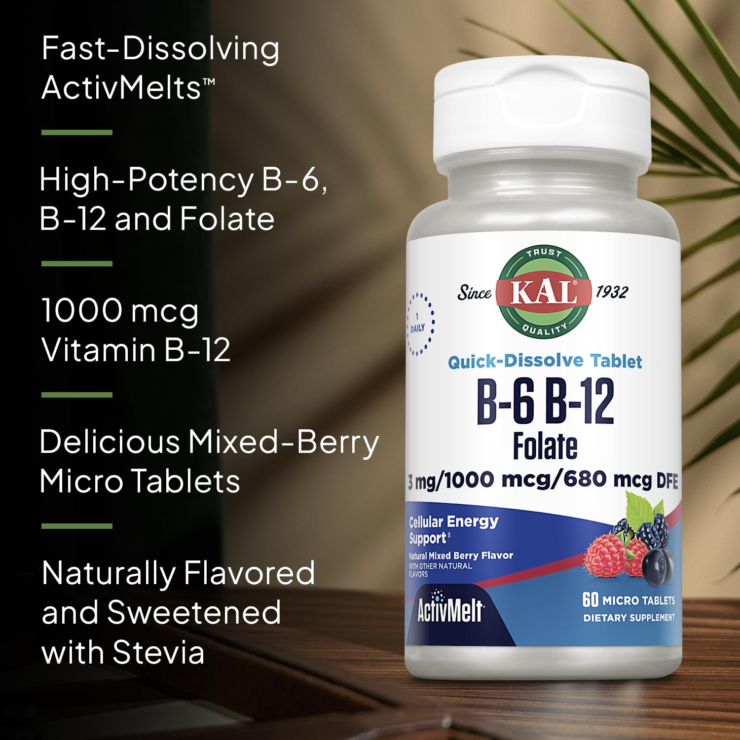 KAL Vitamin B-6, B-12 & Folic Acid – Heart Health & Energy, 60 Servings