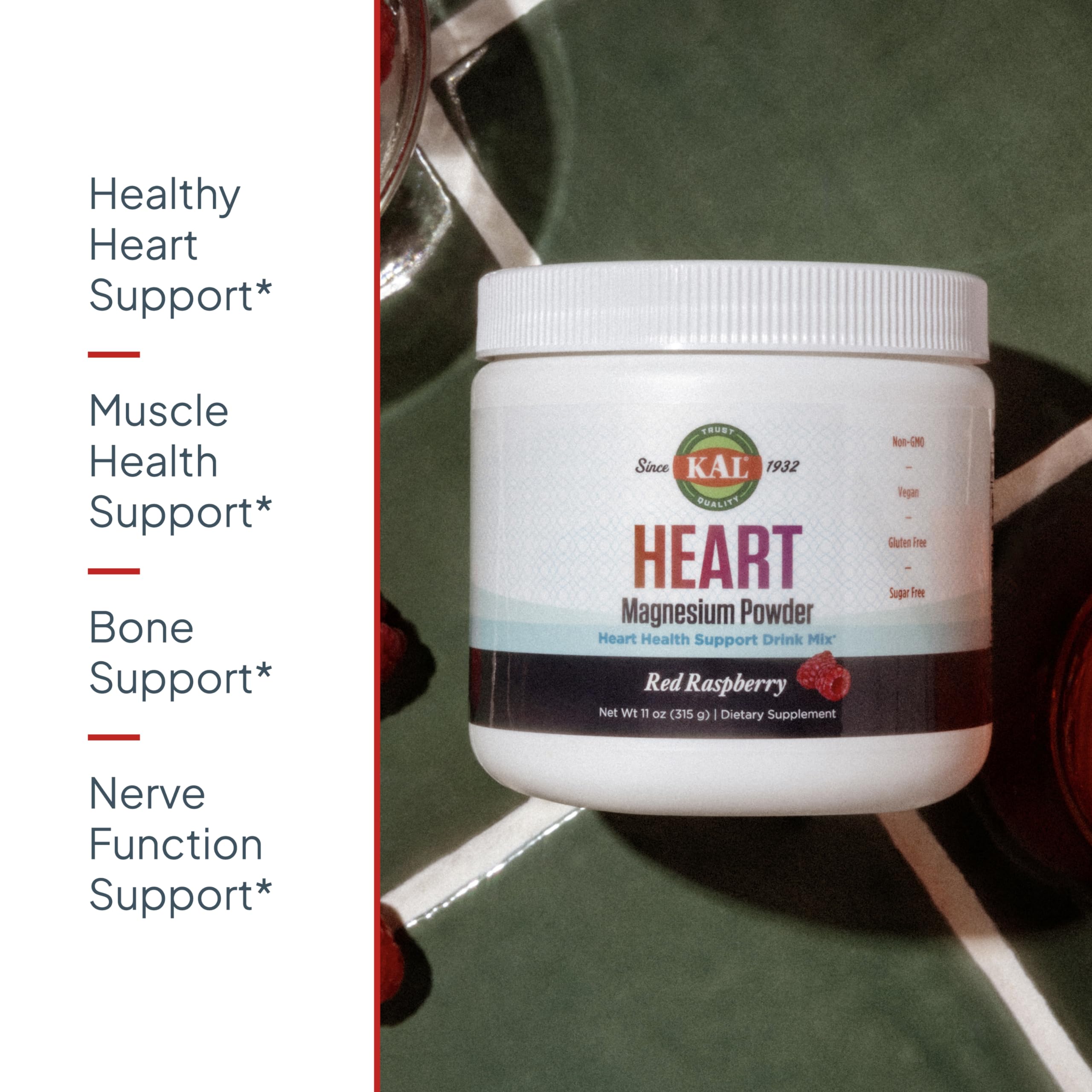 KAL Heart Magnesium Powder – Red Raspberry Flavor, 70 Servings, 11 oz