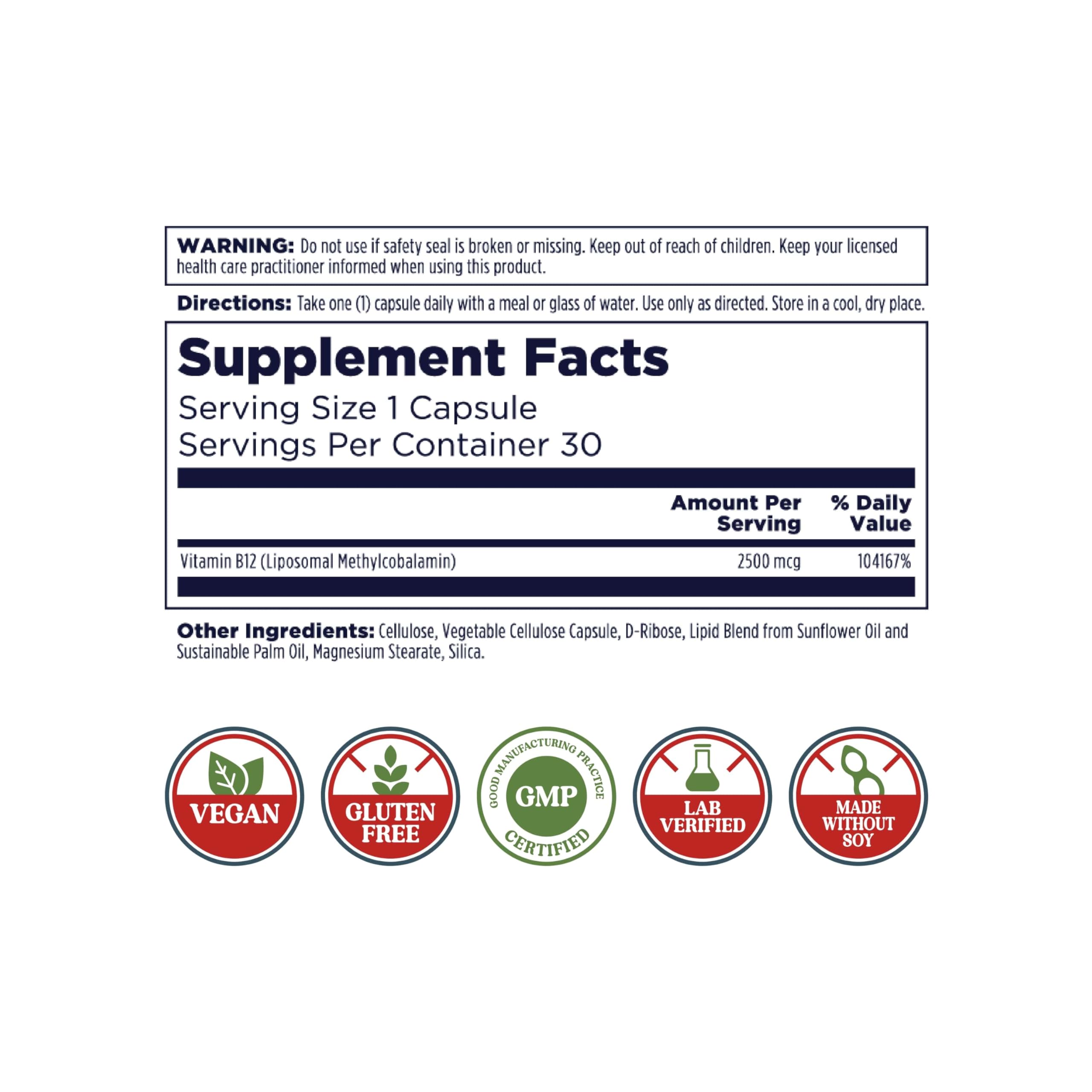 KAL Liposomal Vitamin B12 2500 mcg – High Absorption, Vegan, Gluten Free | 30 Servings