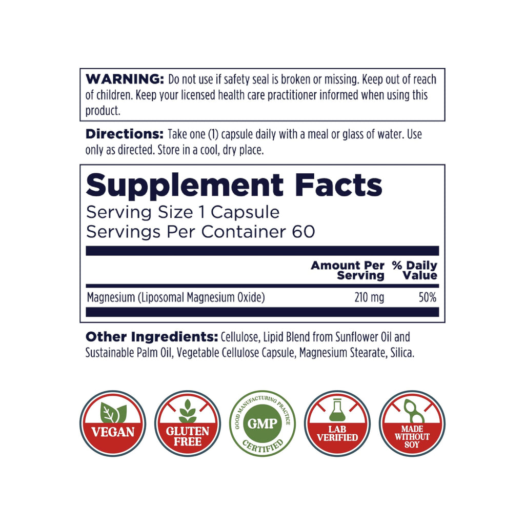 KAL Liposomal Magnesium Oxide 210 mg | High Absorption, Vegan, Gluten Free | 60 Servings