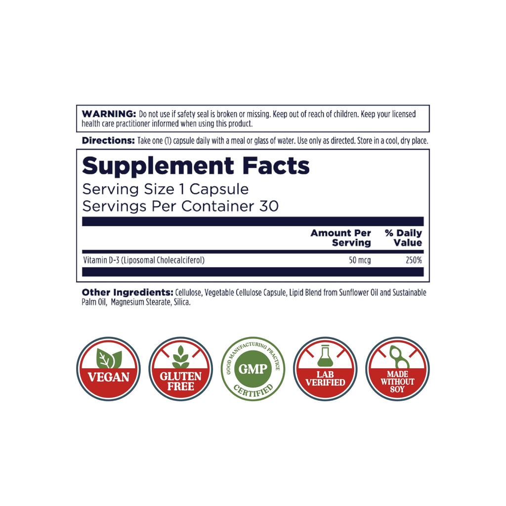 KAL Liposomal Vitamin D3 50 mcg | High Absorption Vitamin D3 | Vegan Capsules | Gluten Free | 30 Servings