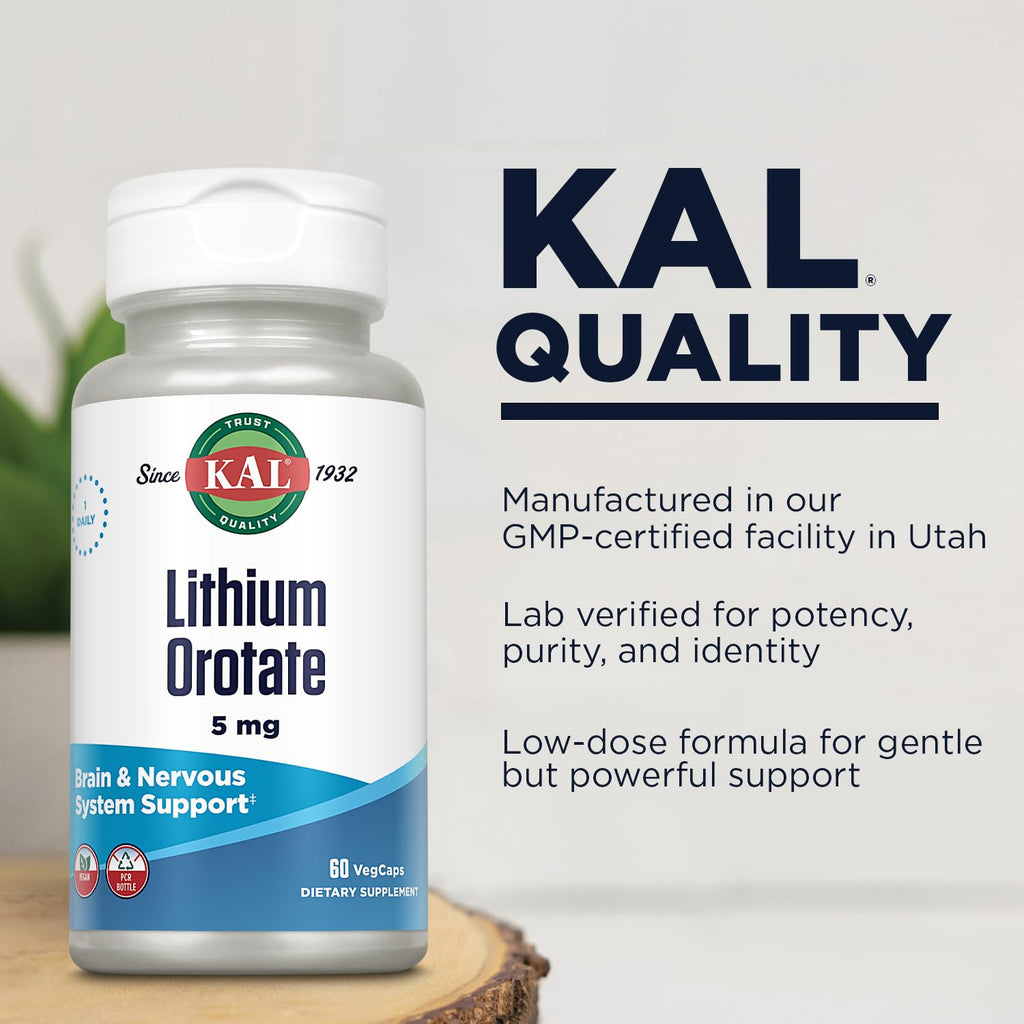 KAL Lithium Orotate 5mg | Mood Support & Bioavailability | Organic Rice Bran Base | 60 VegCaps