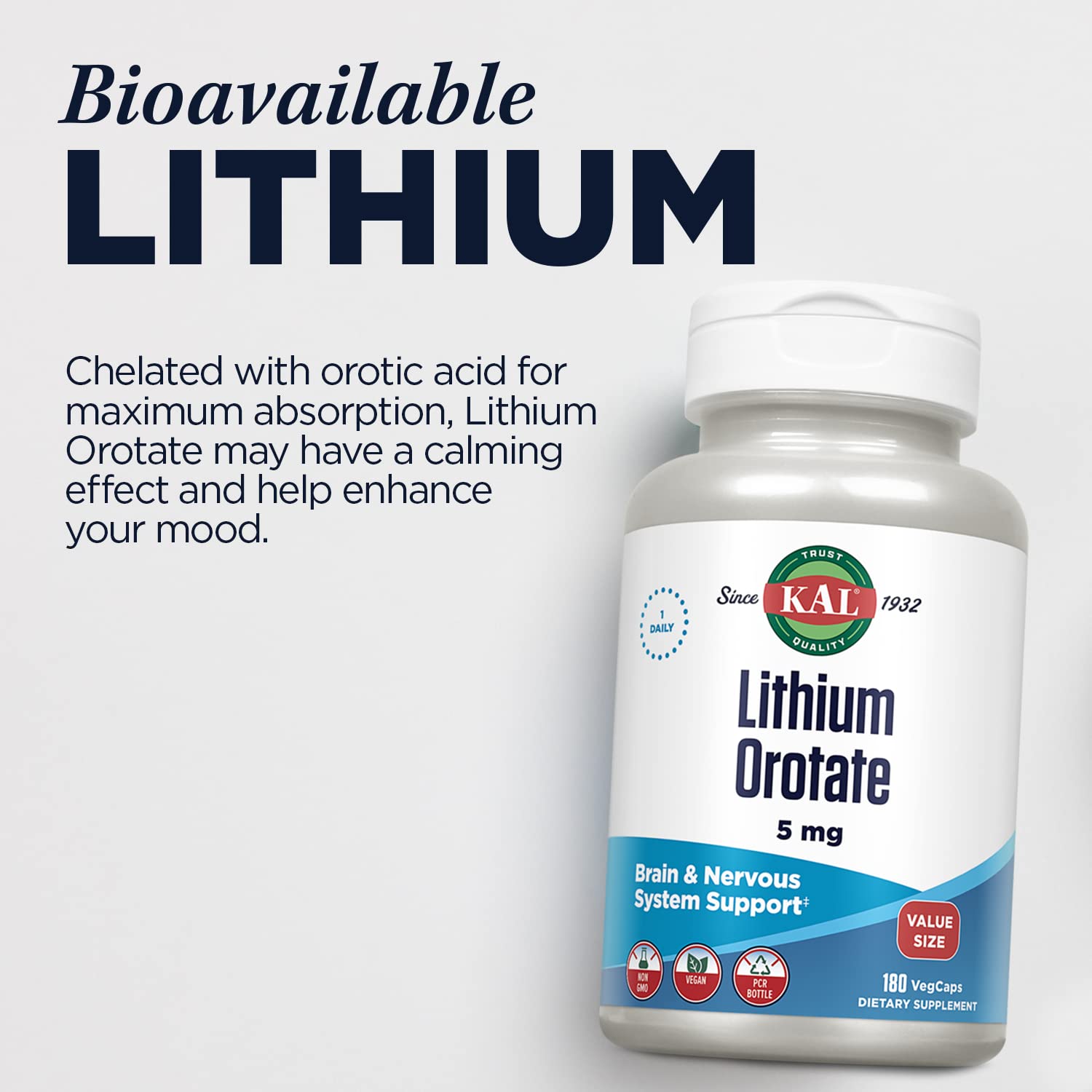 KAL Lithium Orotate 5mg – Low Dose Mood Support, Vegan, 180 Servings (180 VegCaps), 60-Day Guarantee
