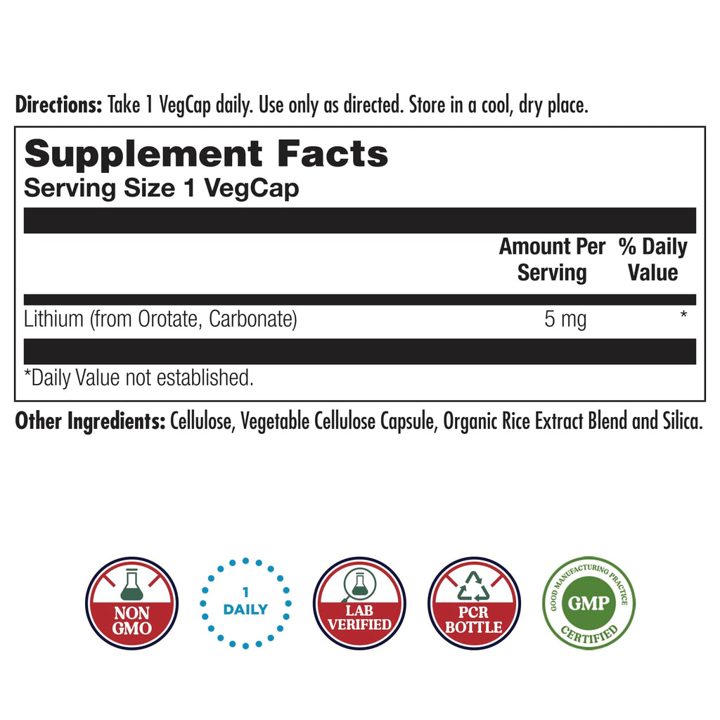 KAL Lithium Orotate 5 mg – 120 VegCaps (Pack of 2) | Mood Support