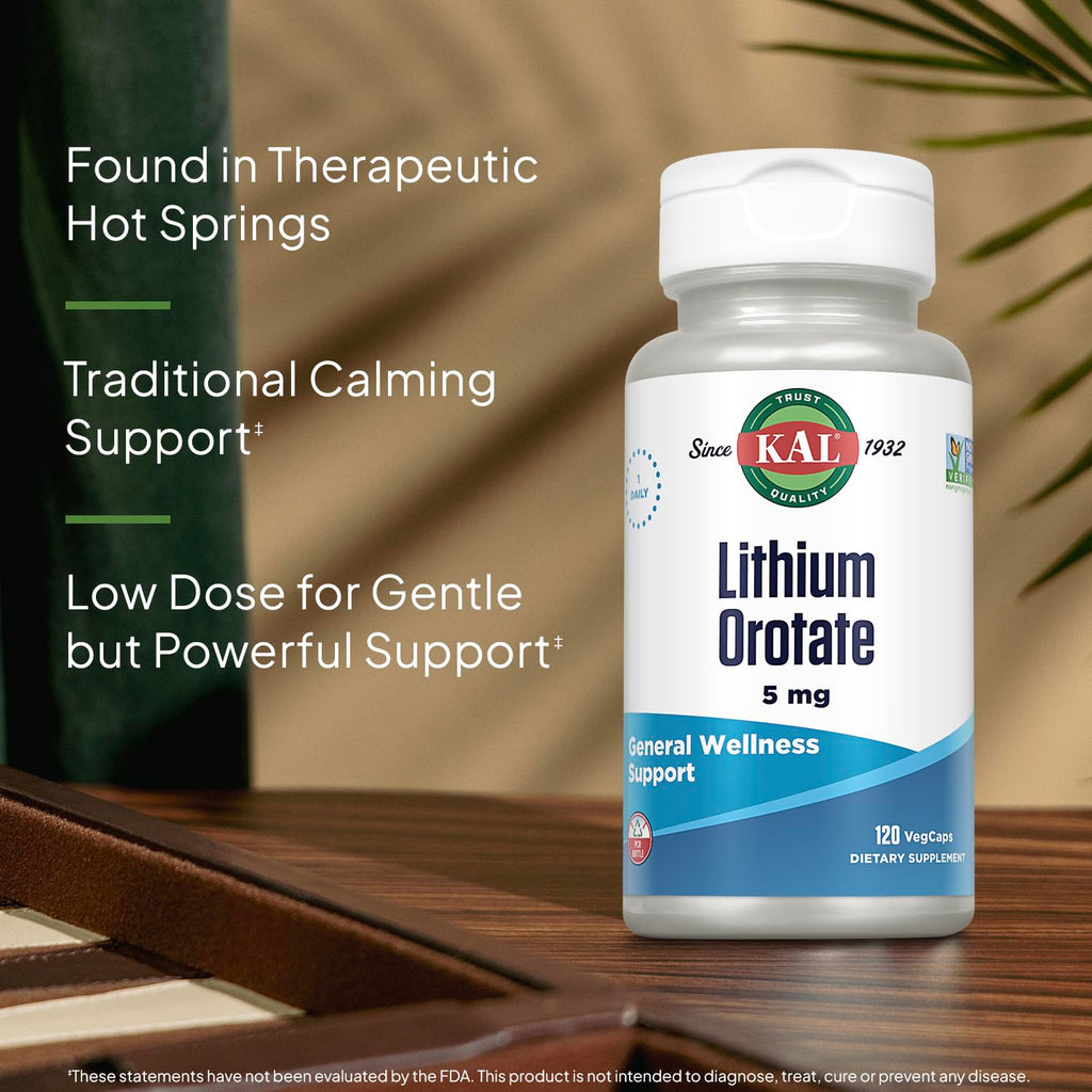 KAL Lithium Orotate 5 mg – 120 VegCaps (Pack of 2) | Mood Support