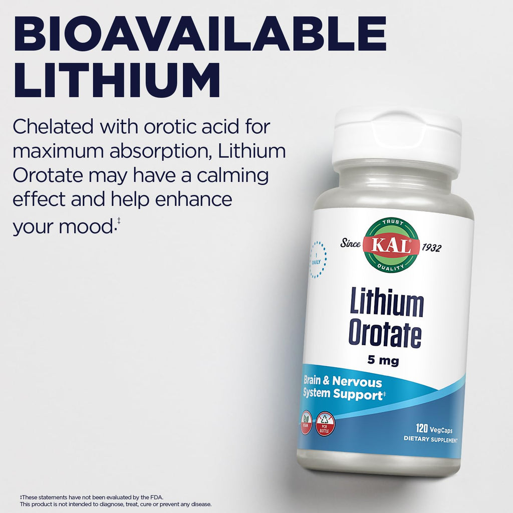 KAL Lithium Orotate 5 mg – Mood Support, 120 VegCaps, Organic Rice Bran Base