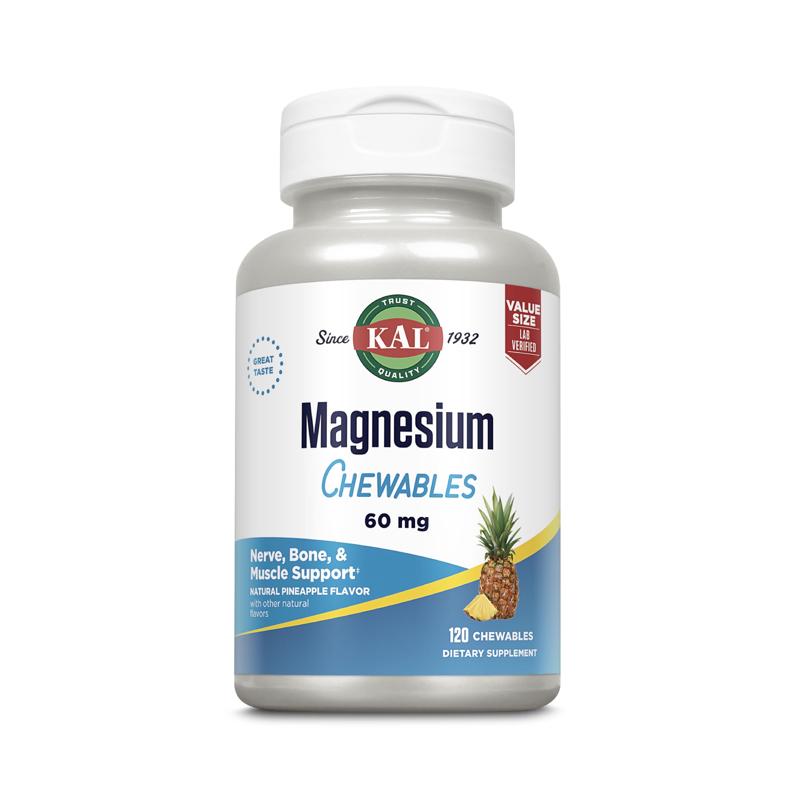KAL Magnesium Chewables – Magnesium Citrate, Pineapple, 120 Tabs | Vegan