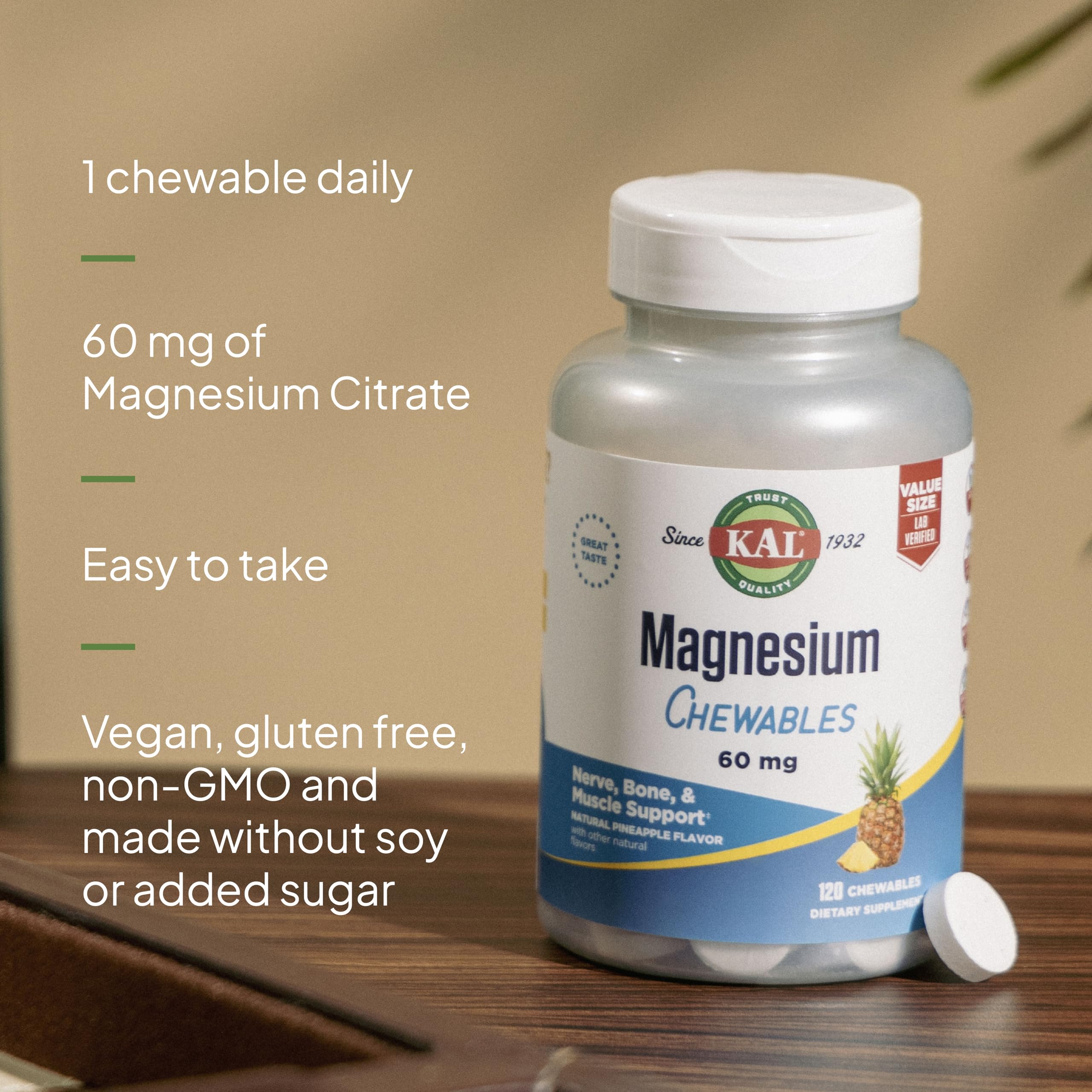 KAL Magnesium Chewables – Magnesium Citrate, Pineapple, 120 Tabs | Vegan