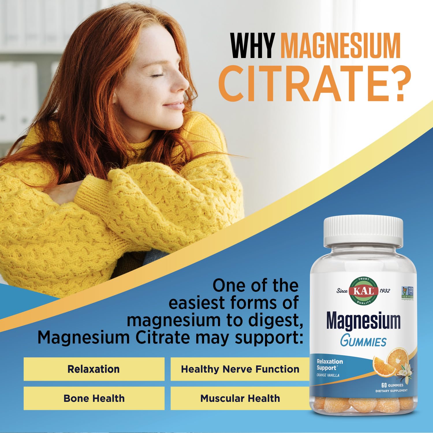 KAL Magnesium Citrate Gummies – Relaxation, Energy, Bone & Muscle Support | 330 mg | Orange Vanilla | Non-GMO, Vegetarian – 60 Gummies