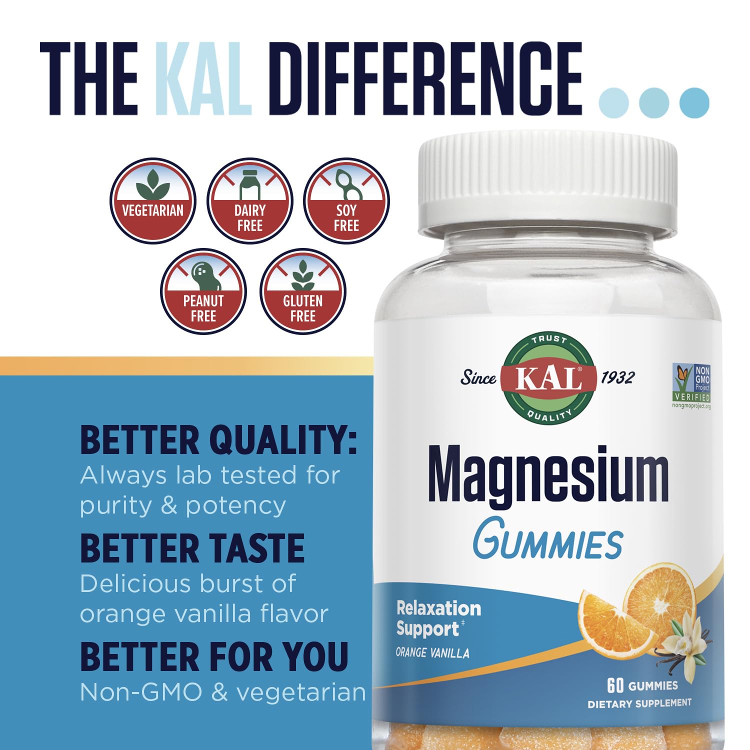 KAL Magnesium Citrate Gummies – Relaxation, Energy, Bone & Muscle Support | 330 mg | Orange Vanilla | Non-GMO, Vegetarian – 60 Gummies