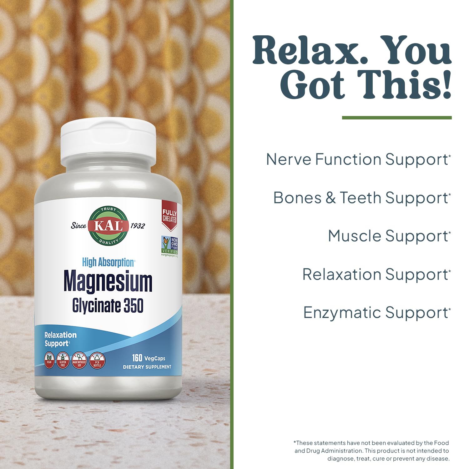KAL Magnesium Glycinate Capsules | Chelated Mg Bisglycinate, High Absorption