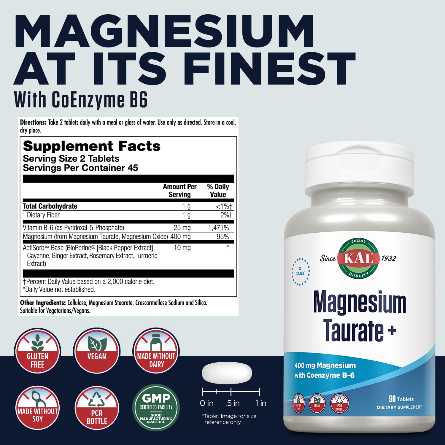 KAL Magnesium Taurate 400mg + Vitamin B6 | Vegan & Gluten Free