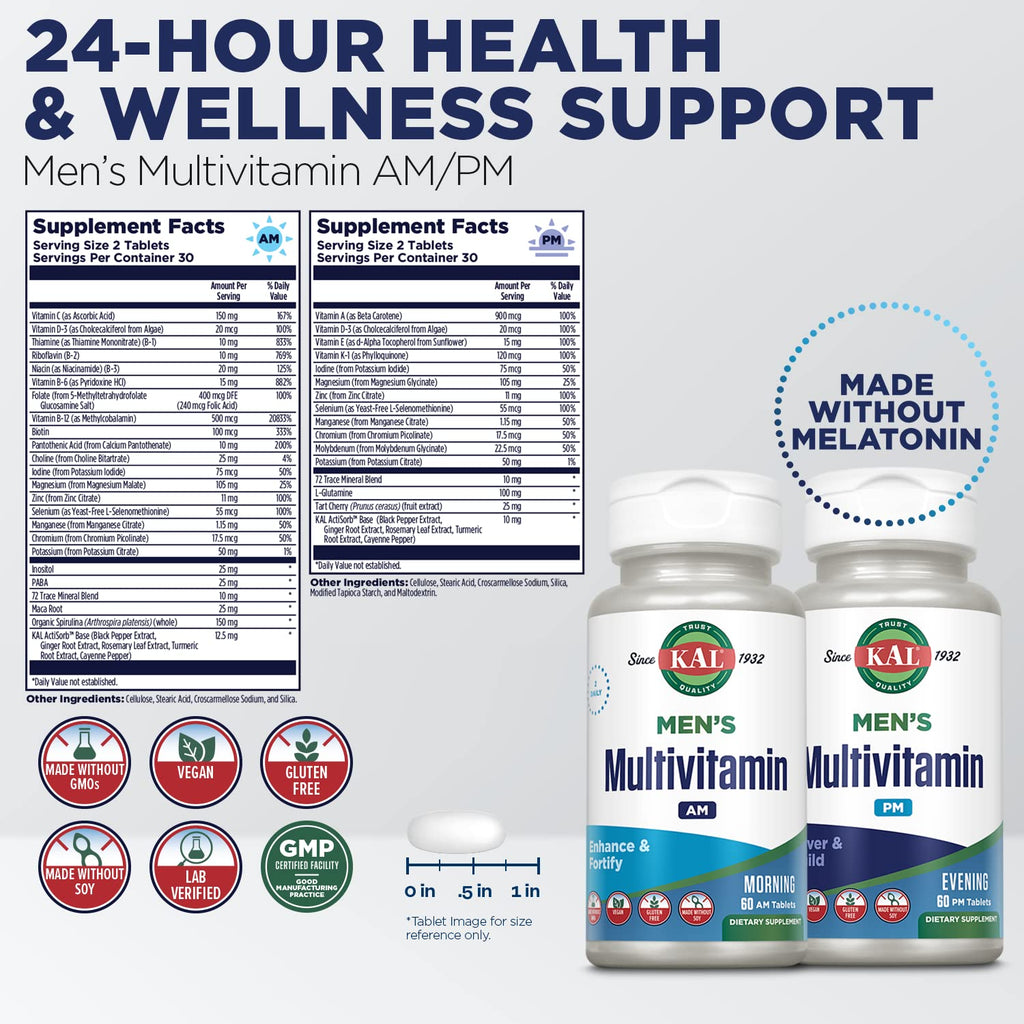 KAL Men's Multivitamin AM/PM – 24-Hour Support for Immune, Muscle & Wellness | 30 Servings, 120 Tablets