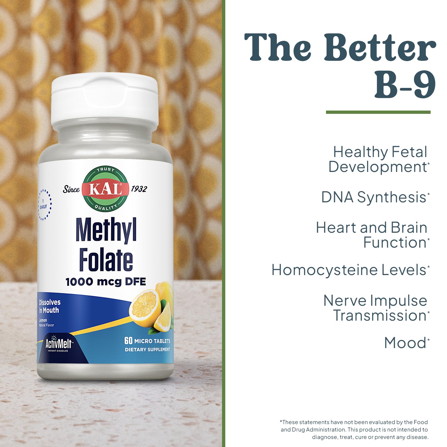 KAL Methyl Folate 1000 mcg (5-MTHF) – ActivMelt Lemon | Heart Health, Prenatal & Mood & Brain Support