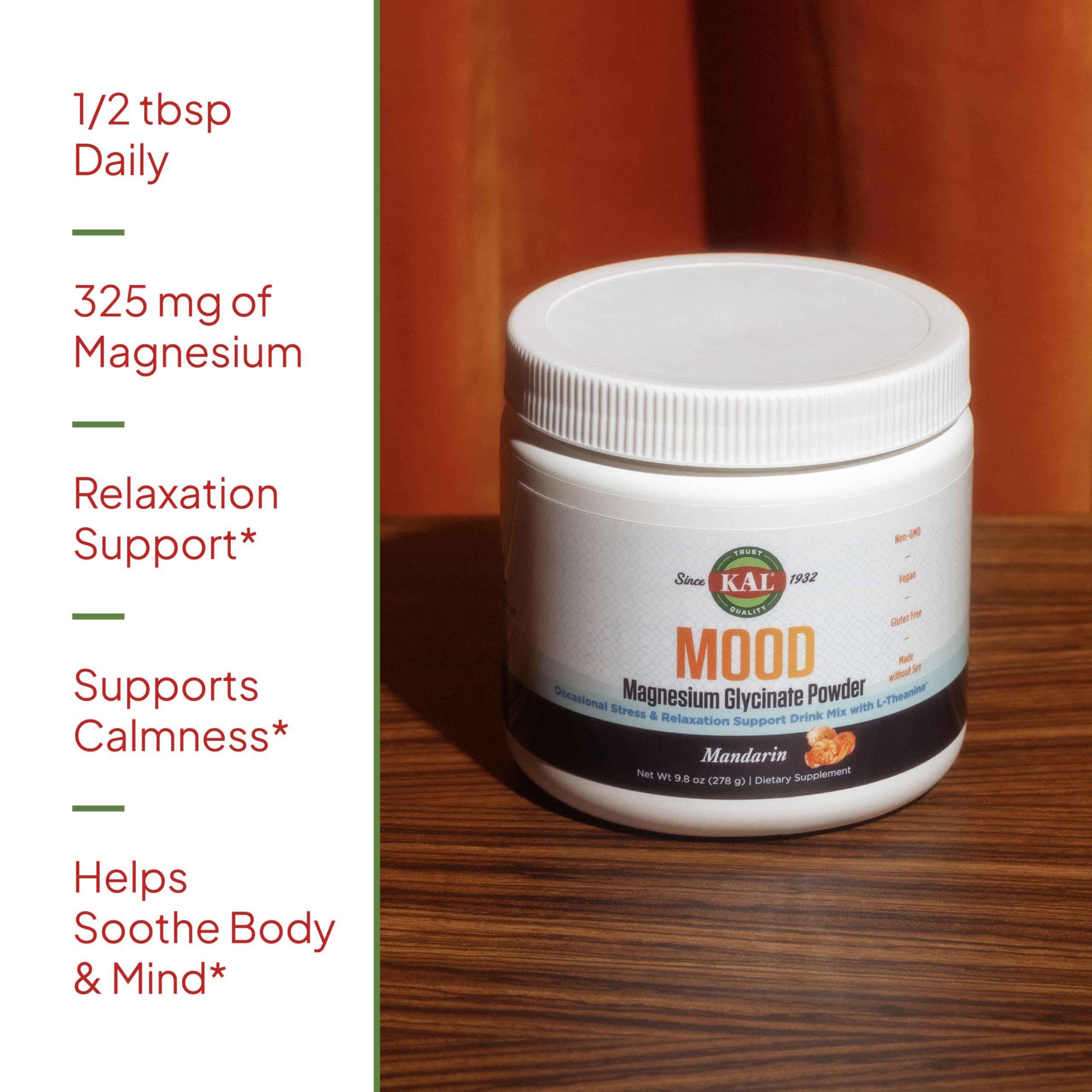 KAL Mood Magnesium Powder with L-Theanine – Mandarin Flavor | Relaxation & High Absorption (40 Servings, 9.8 oz)