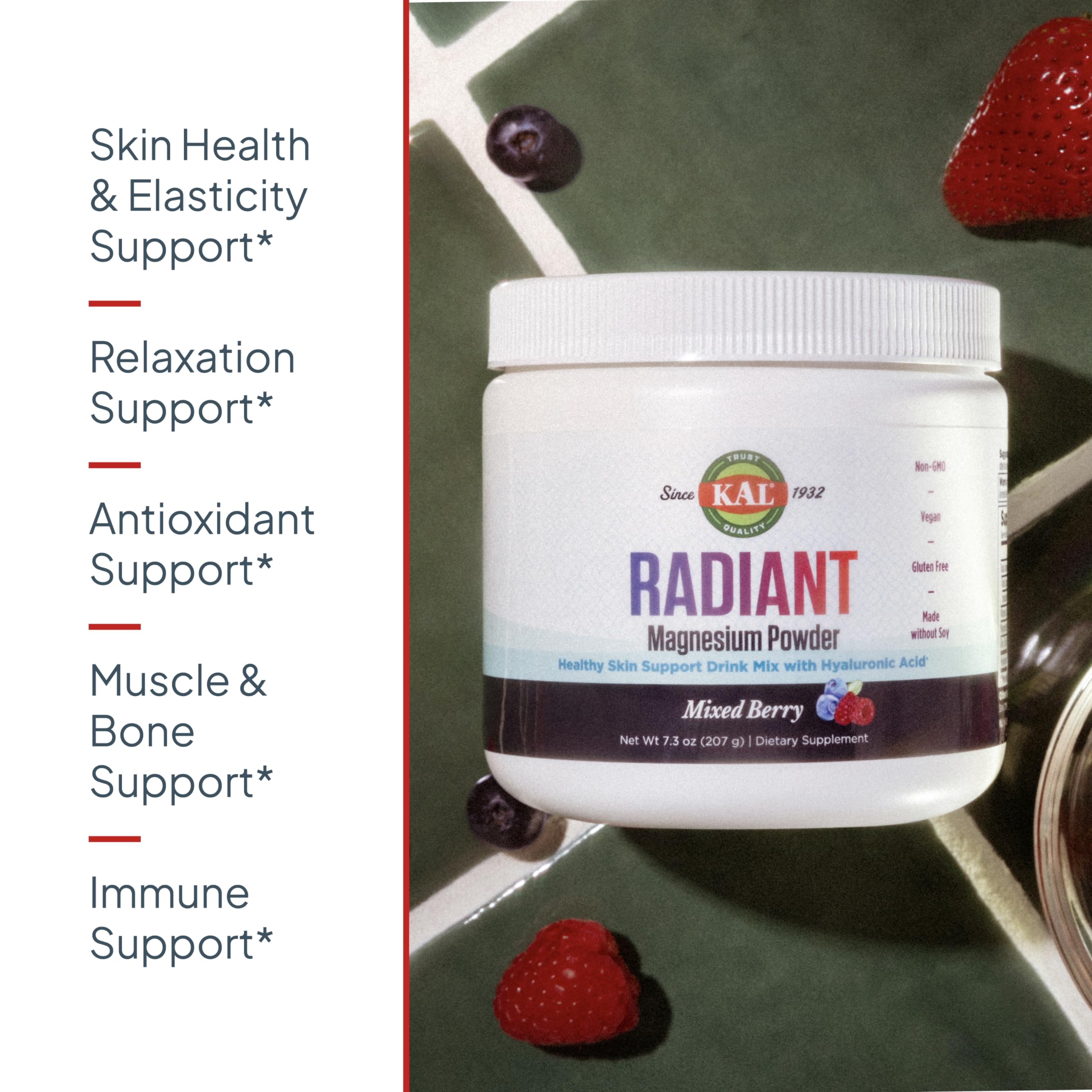 KAL Radiant Magnesium Powder – Mixed Berry, Hyaluronic Acid | 60 Servings | 7.3 oz