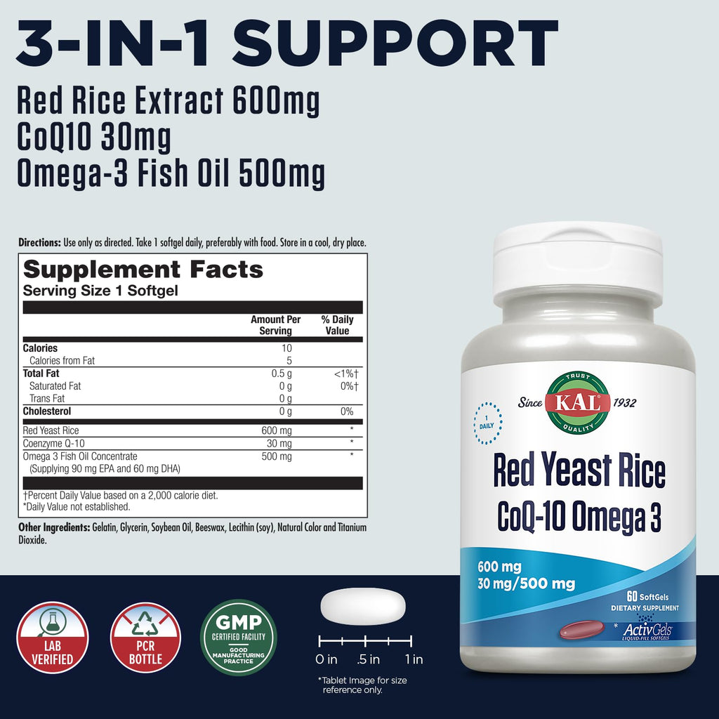 KAL Red Yeast Rice COQ10 Omega 3, 60 Count – Soft Gels